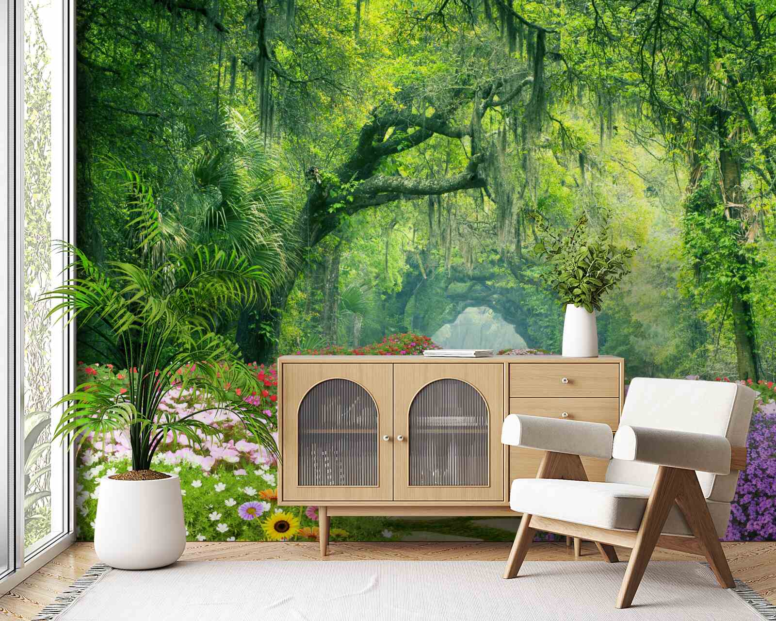 Fototapeta Ścieżka otoczona kwiatami, która prowadzi do zielonej gęstwiny lasu