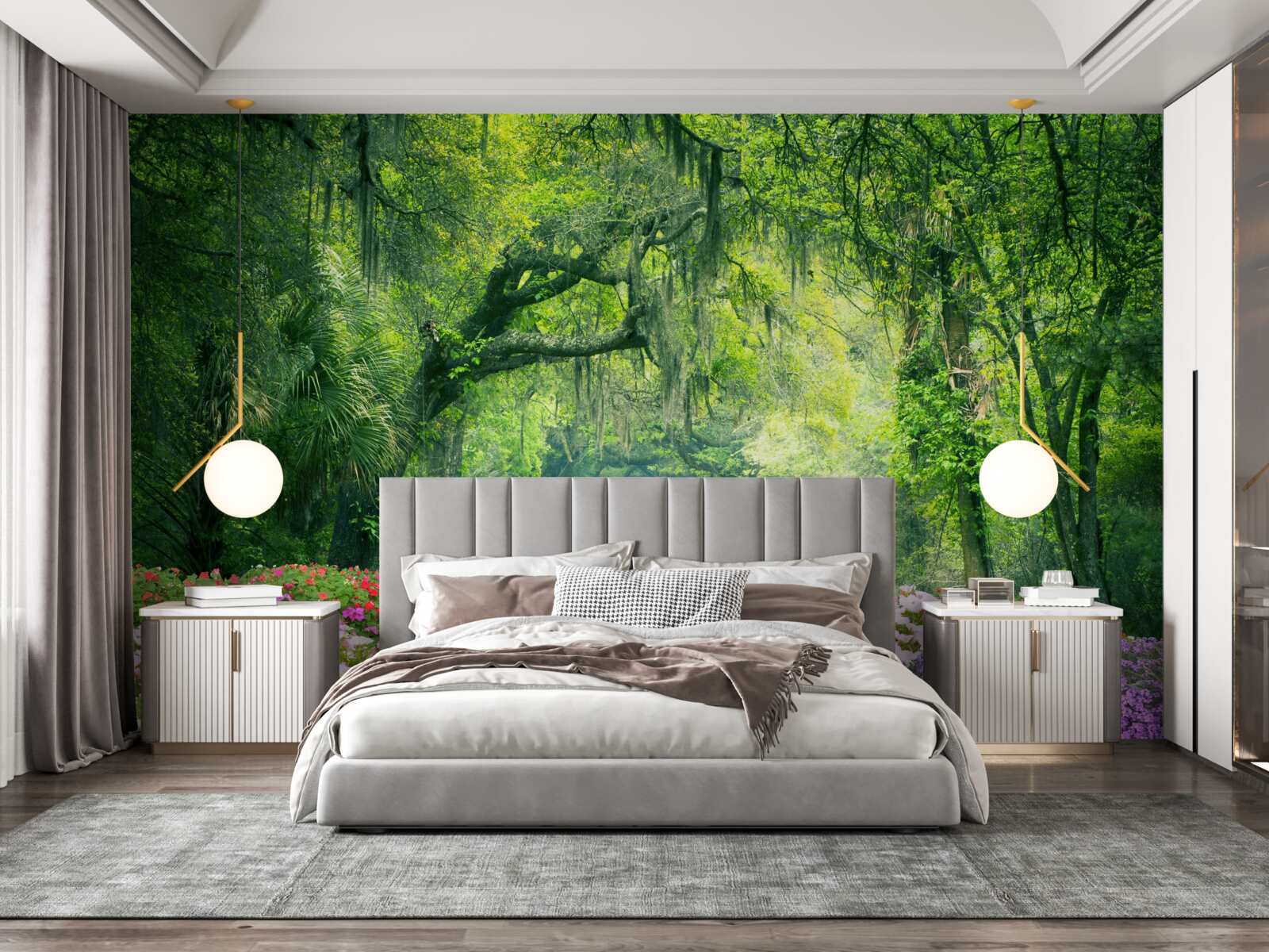 Fototapeta Ścieżka otoczona kwiatami, która prowadzi do zielonej gęstwiny lasu