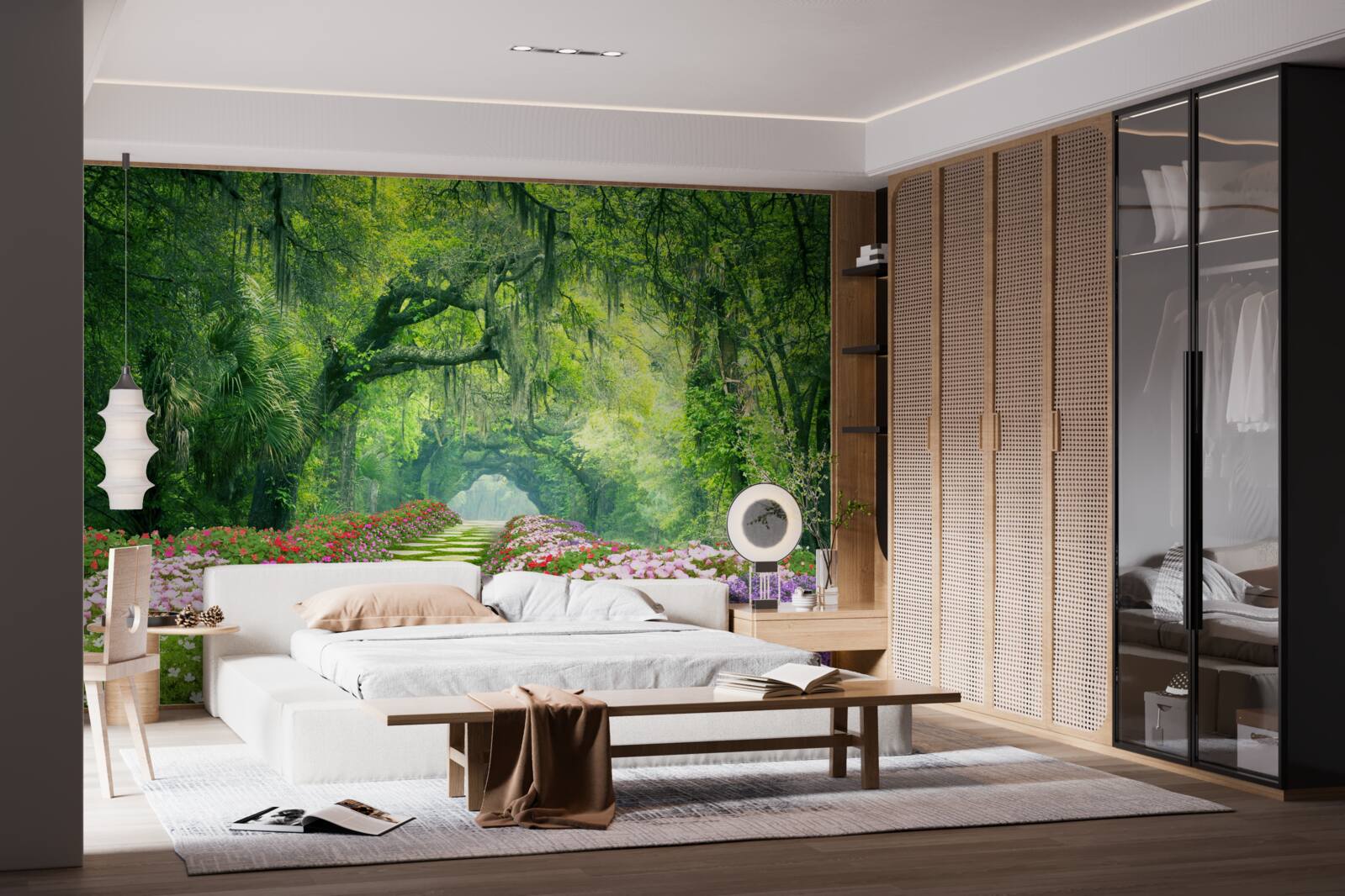 Fototapeta Ścieżka otoczona kwiatami, która prowadzi do zielonej gęstwiny lasu