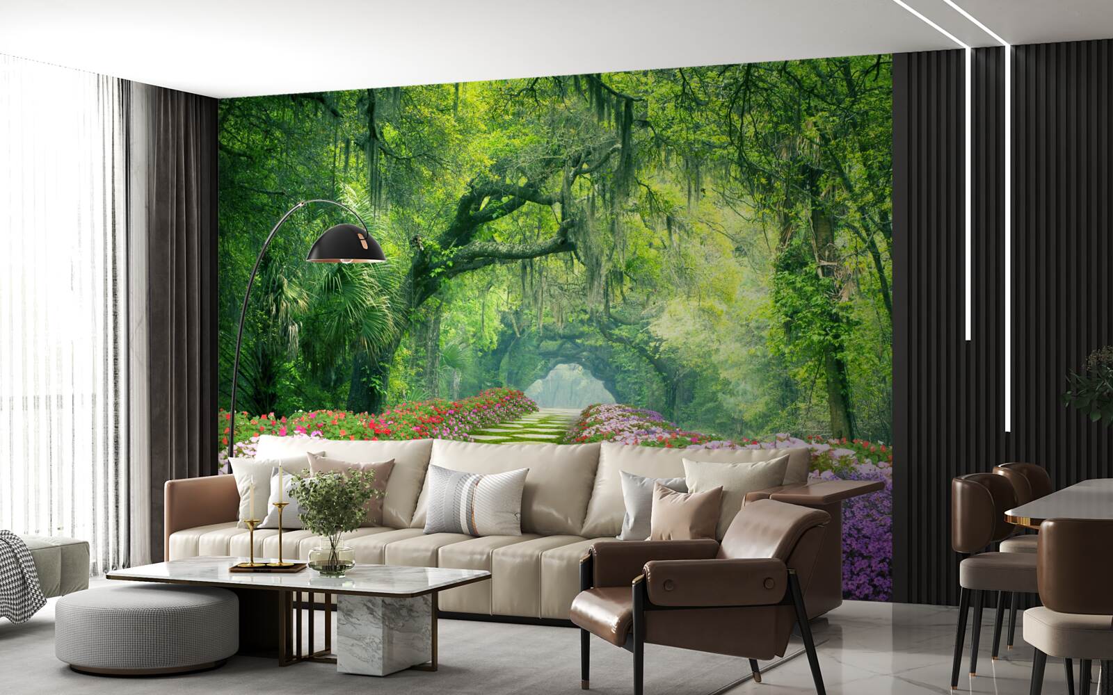 Fototapeta Ścieżka otoczona kwiatami, która prowadzi do zielonej gęstwiny lasu