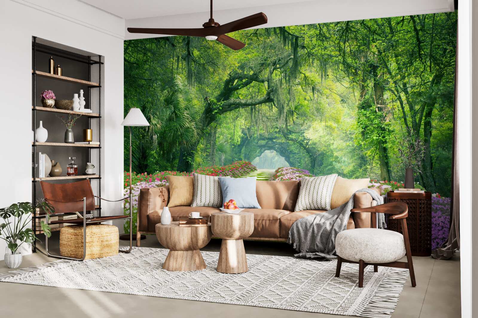 Fototapeta Ścieżka otoczona kwiatami, która prowadzi do zielonej gęstwiny lasu