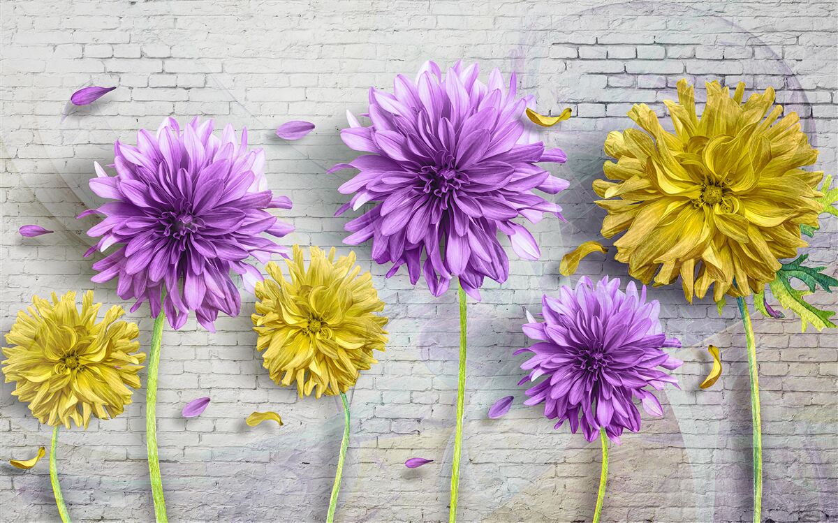 Fototapeta na ceglanej ścianie kwitną kwiaty w odcieniach fioletu i żółci