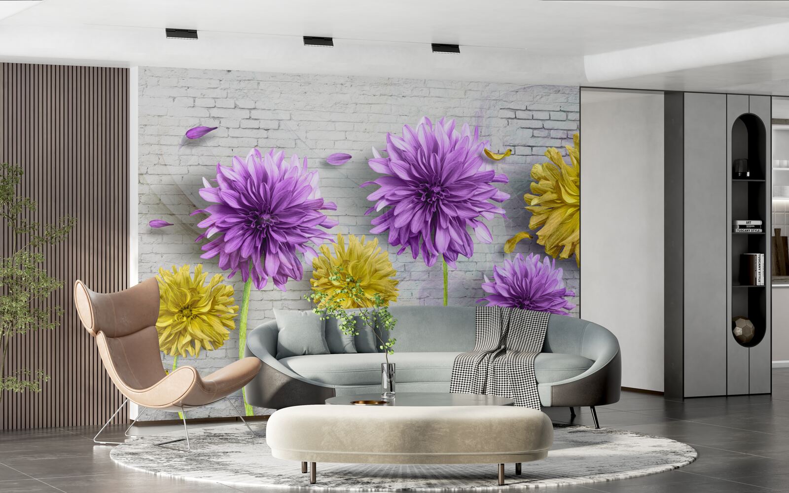 Fototapeta na ceglanej ścianie kwitną kwiaty w odcieniach fioletu i żółci