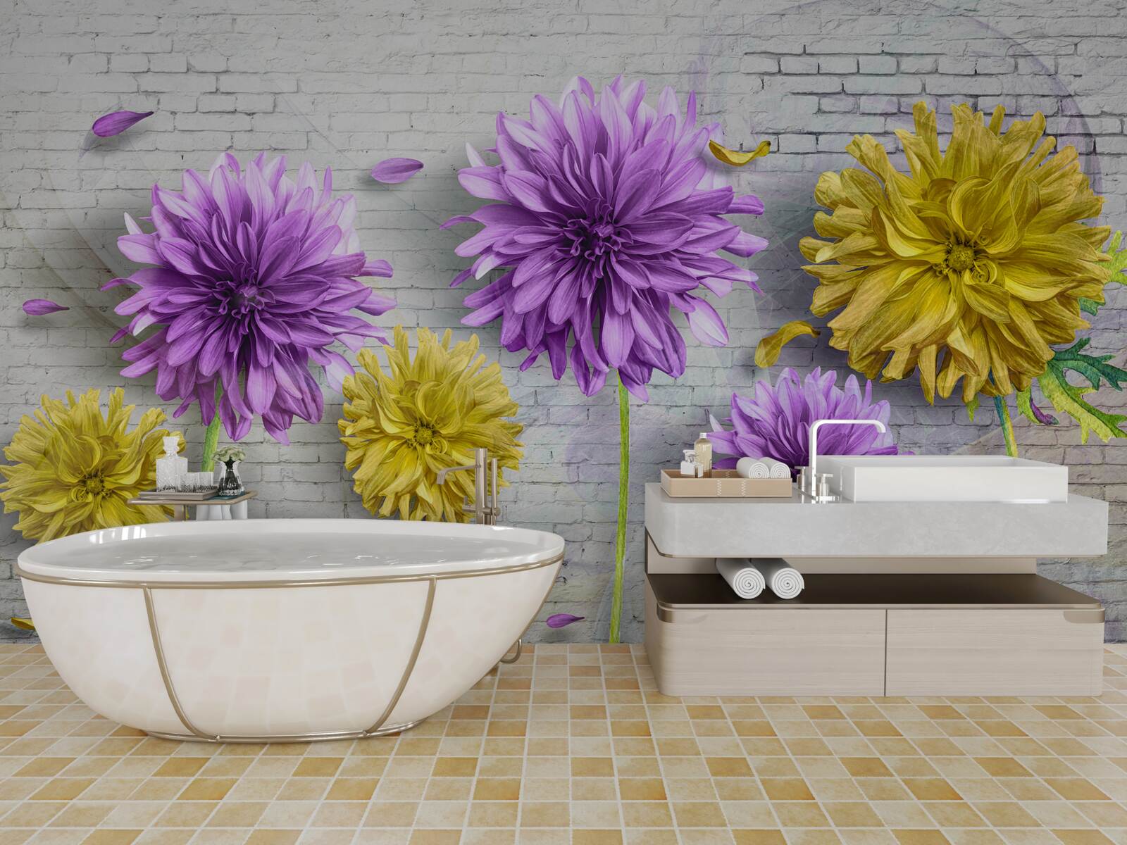 Fototapeta na ceglanej ścianie kwitną kwiaty w odcieniach fioletu i żółci