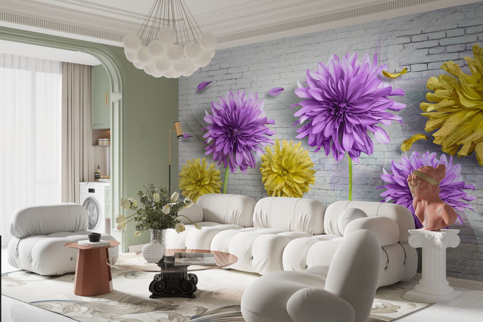 Fototapeta na ceglanej ścianie kwitną kwiaty w odcieniach fioletu i żółci