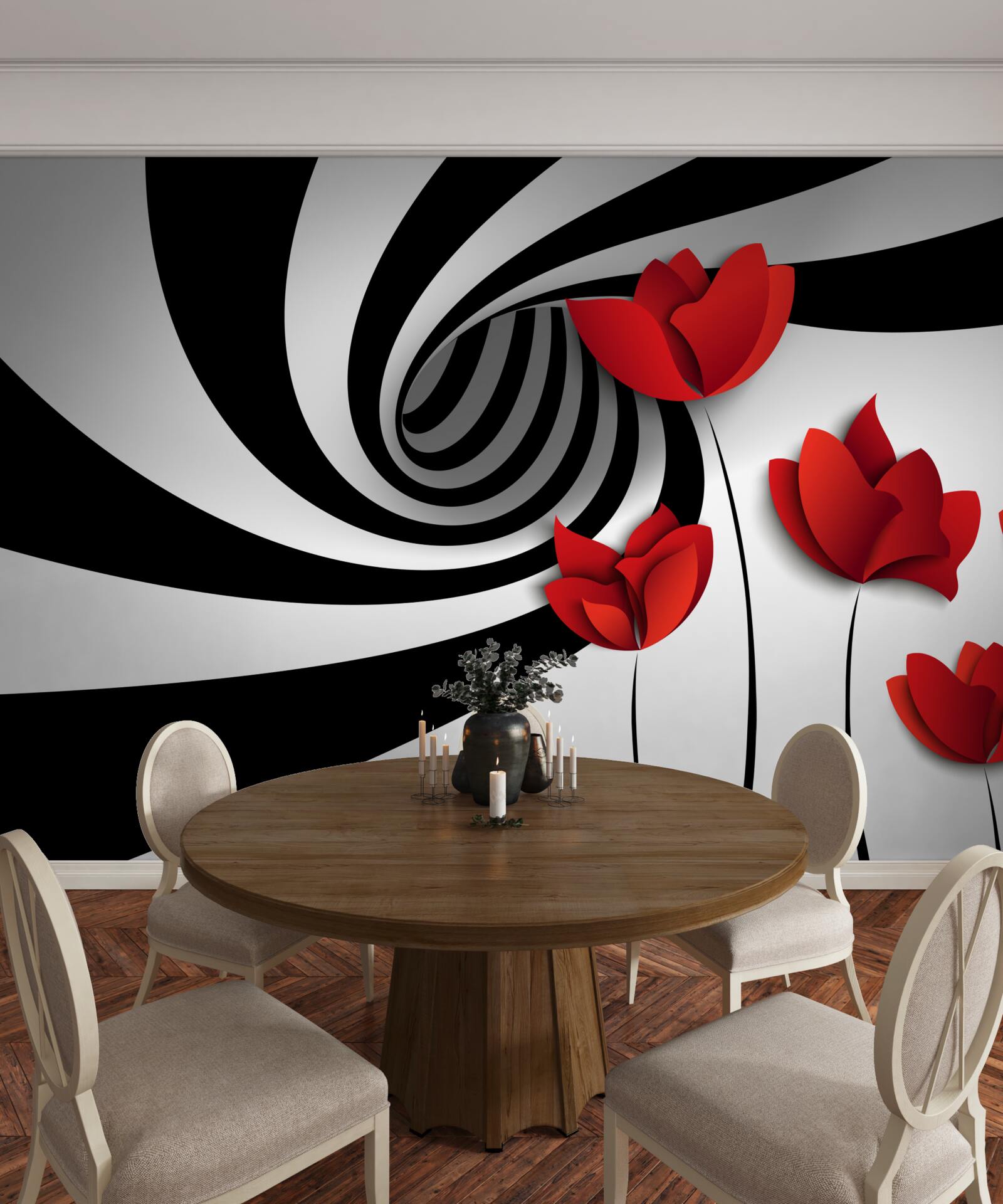 Fototapeta tunel w czerni i bieli oraz polana szkarłatnych maków