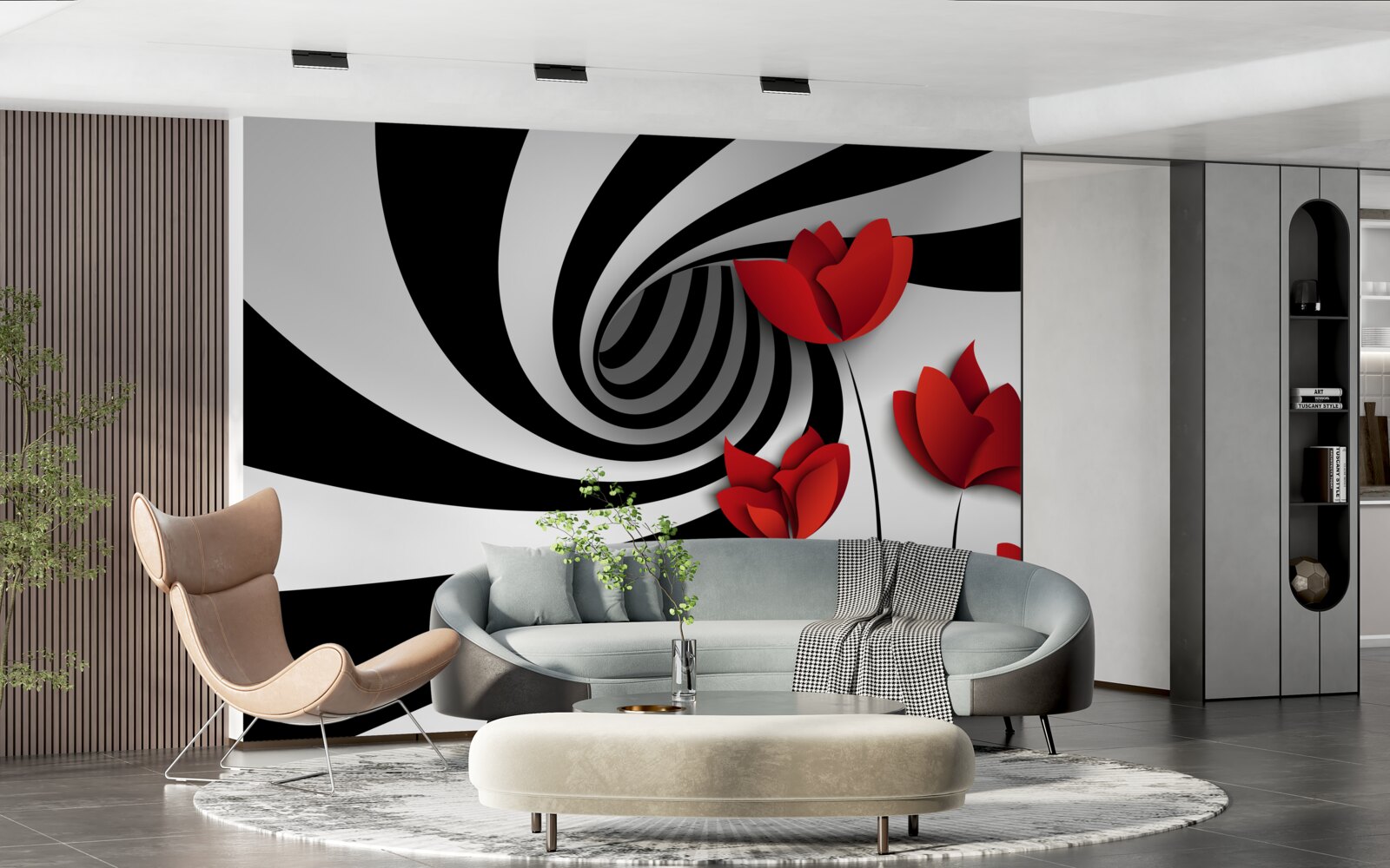 Fototapeta tunel w czerni i bieli oraz polana szkarłatnych maków