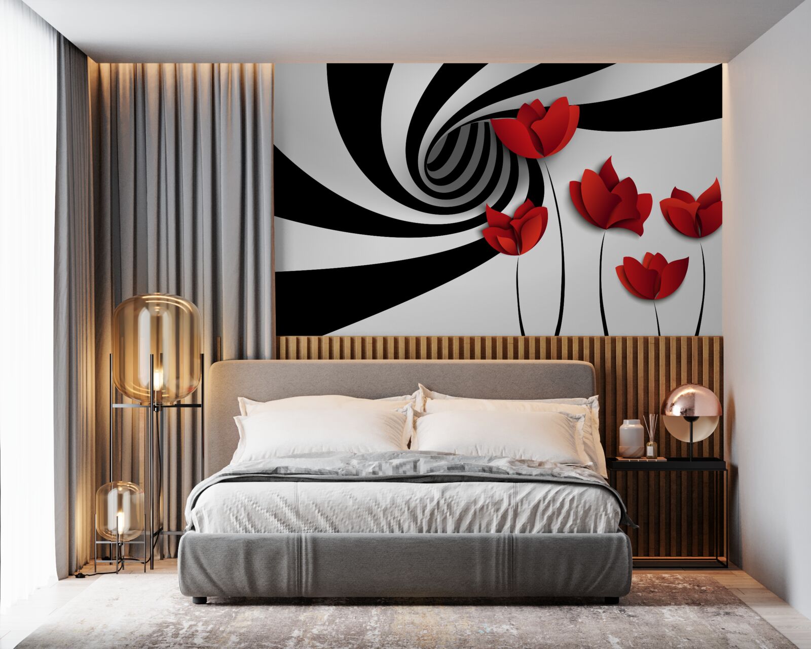 Fototapeta tunel w czerni i bieli oraz polana szkarłatnych maków