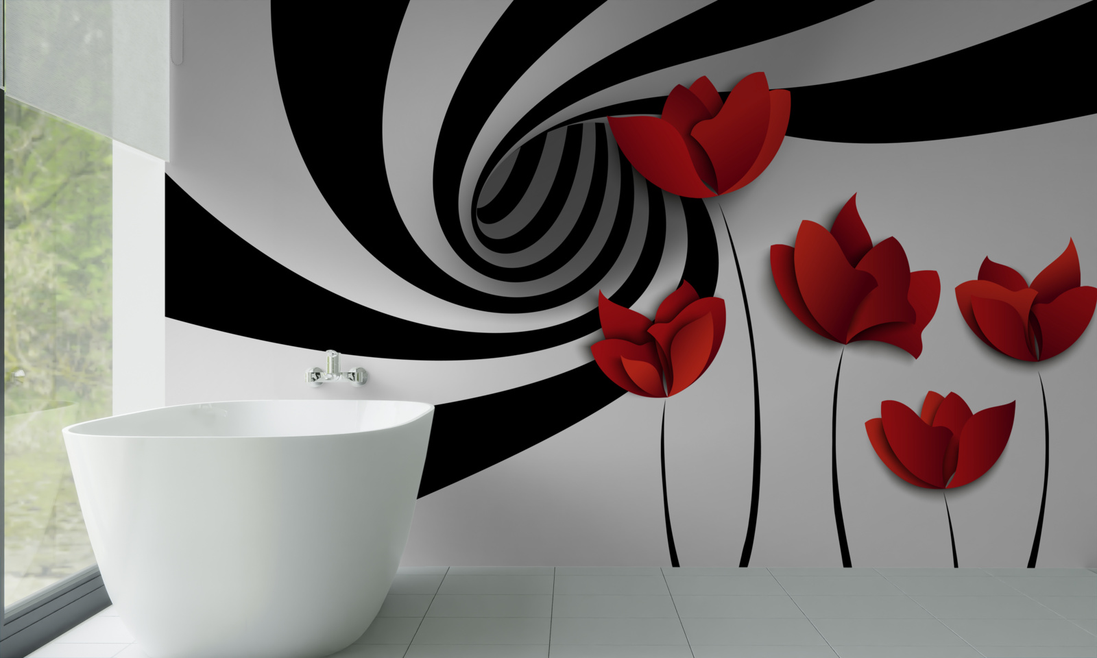 Fototapeta tunel w czerni i bieli oraz polana szkarłatnych maków