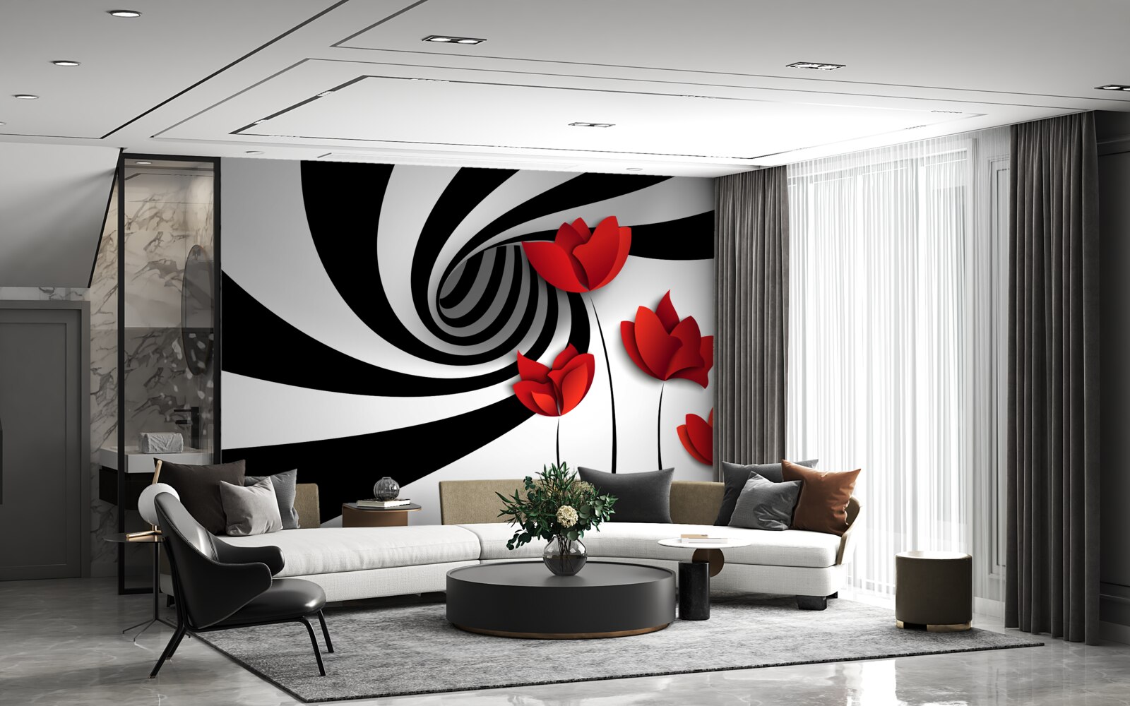 Fototapeta tunel w czerni i bieli oraz polana szkarłatnych maków