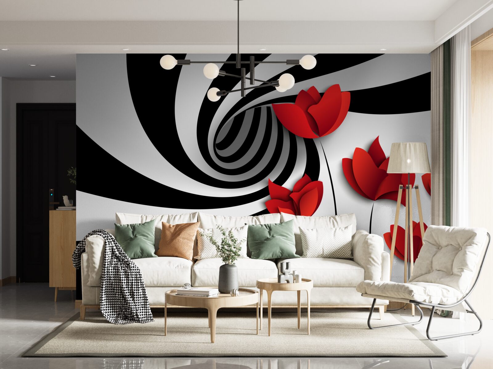 Fototapeta tunel w czerni i bieli oraz polana szkarłatnych maków