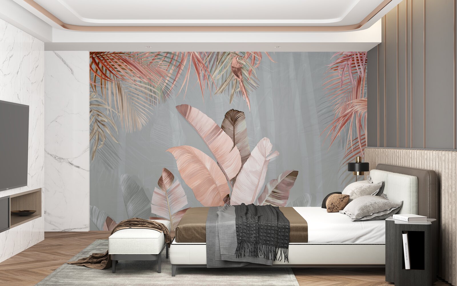 Fototapeta tropikalne liście o delikatnym różowym odcieniu