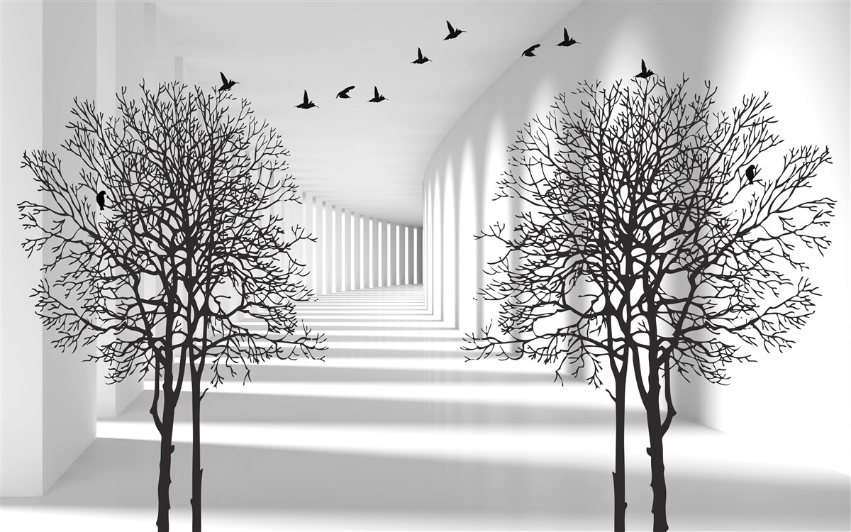 Fototapeta ptaki latające na południe i nagie drzewa jesienią