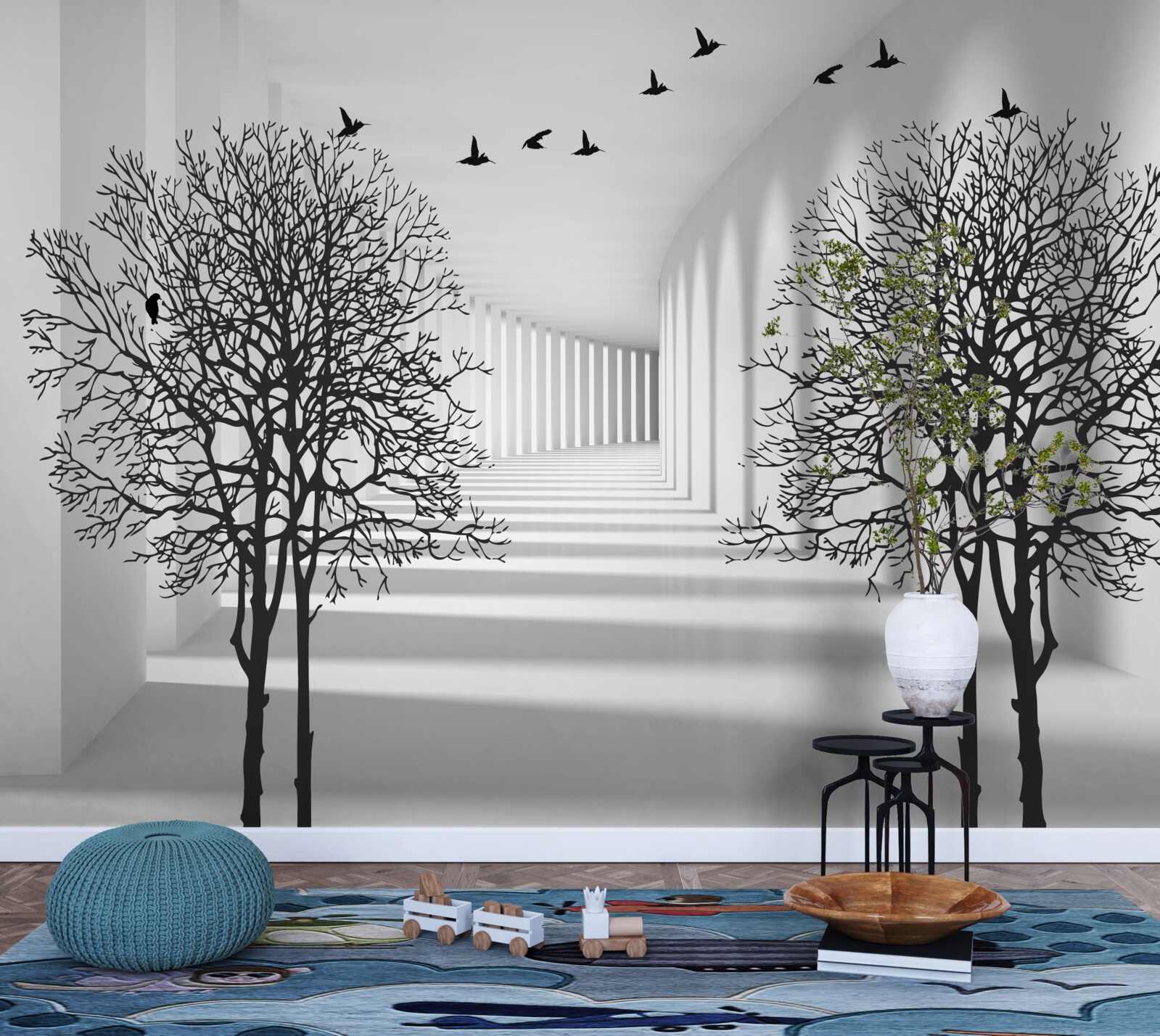 Fototapeta ptaki latające na południe i nagie drzewa jesienią