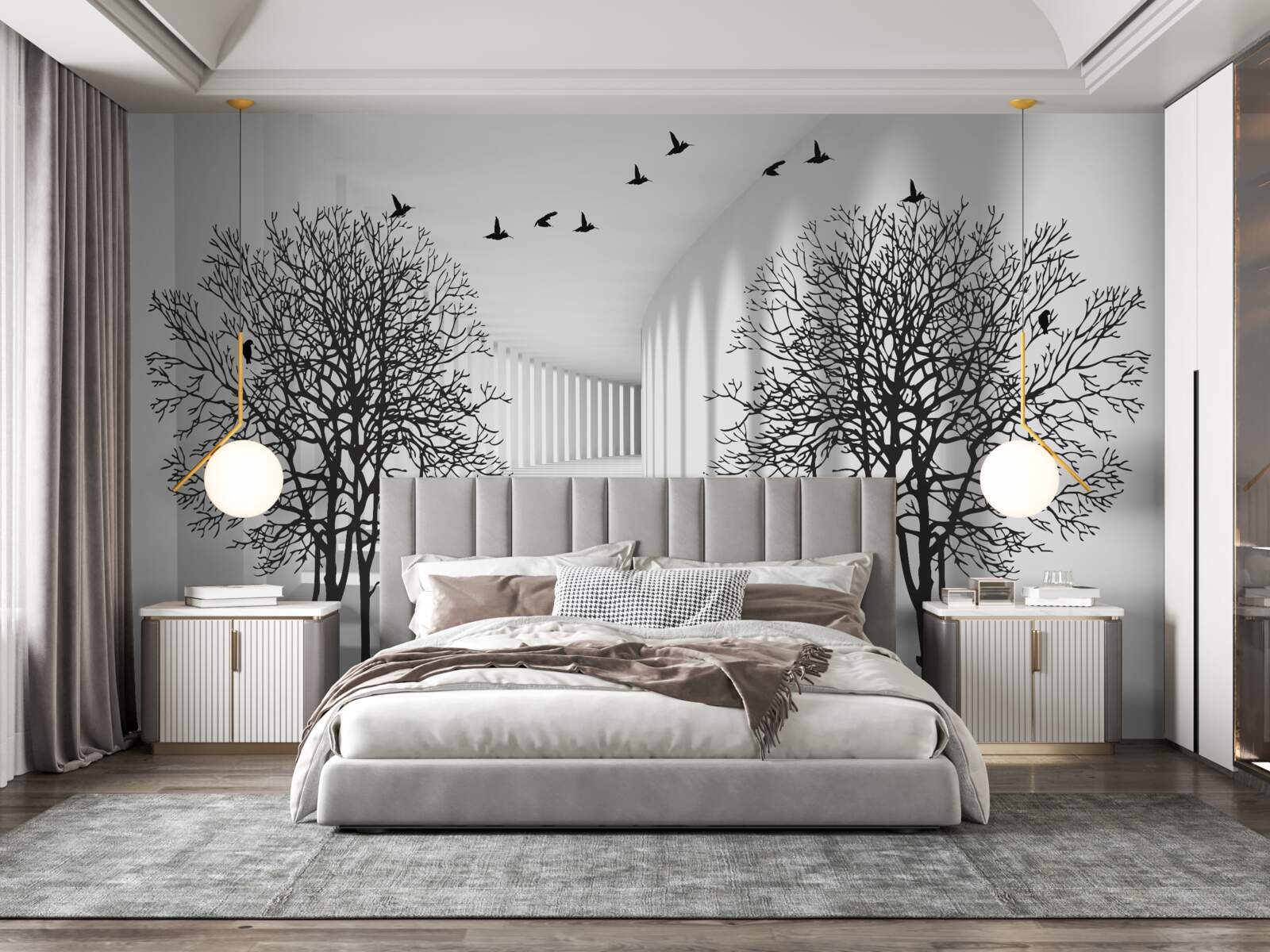 Fototapeta ptaki latające na południe i nagie drzewa jesienią