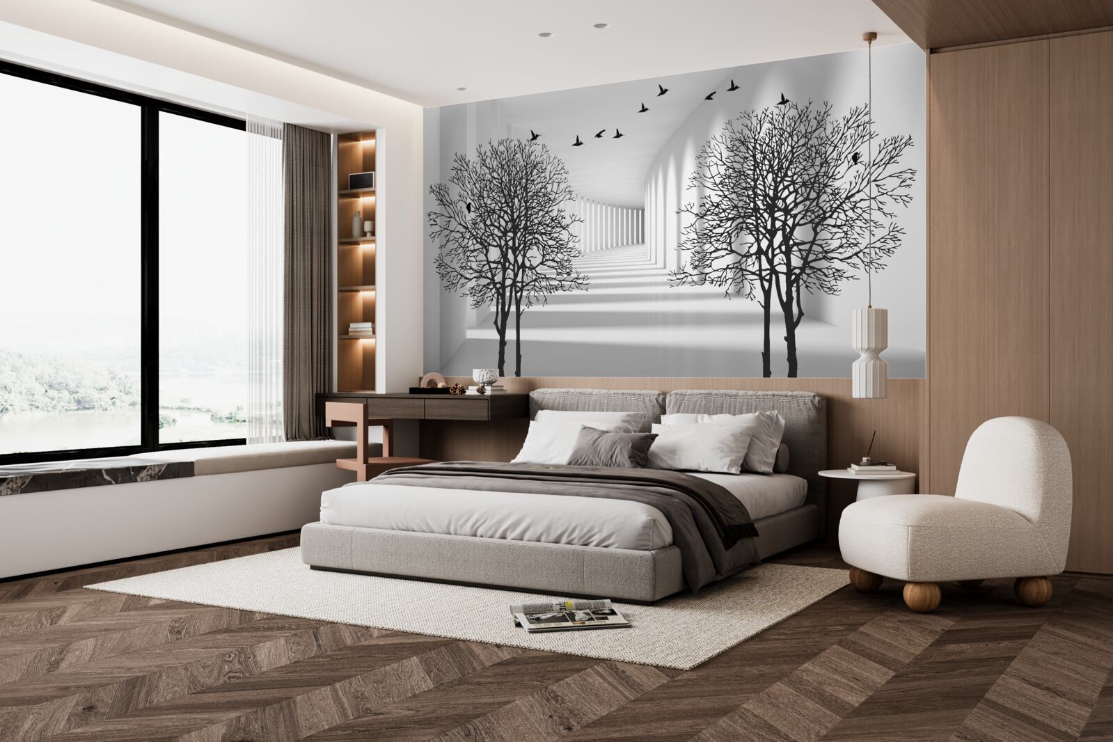 Fototapeta ptaki latające na południe i nagie drzewa jesienią