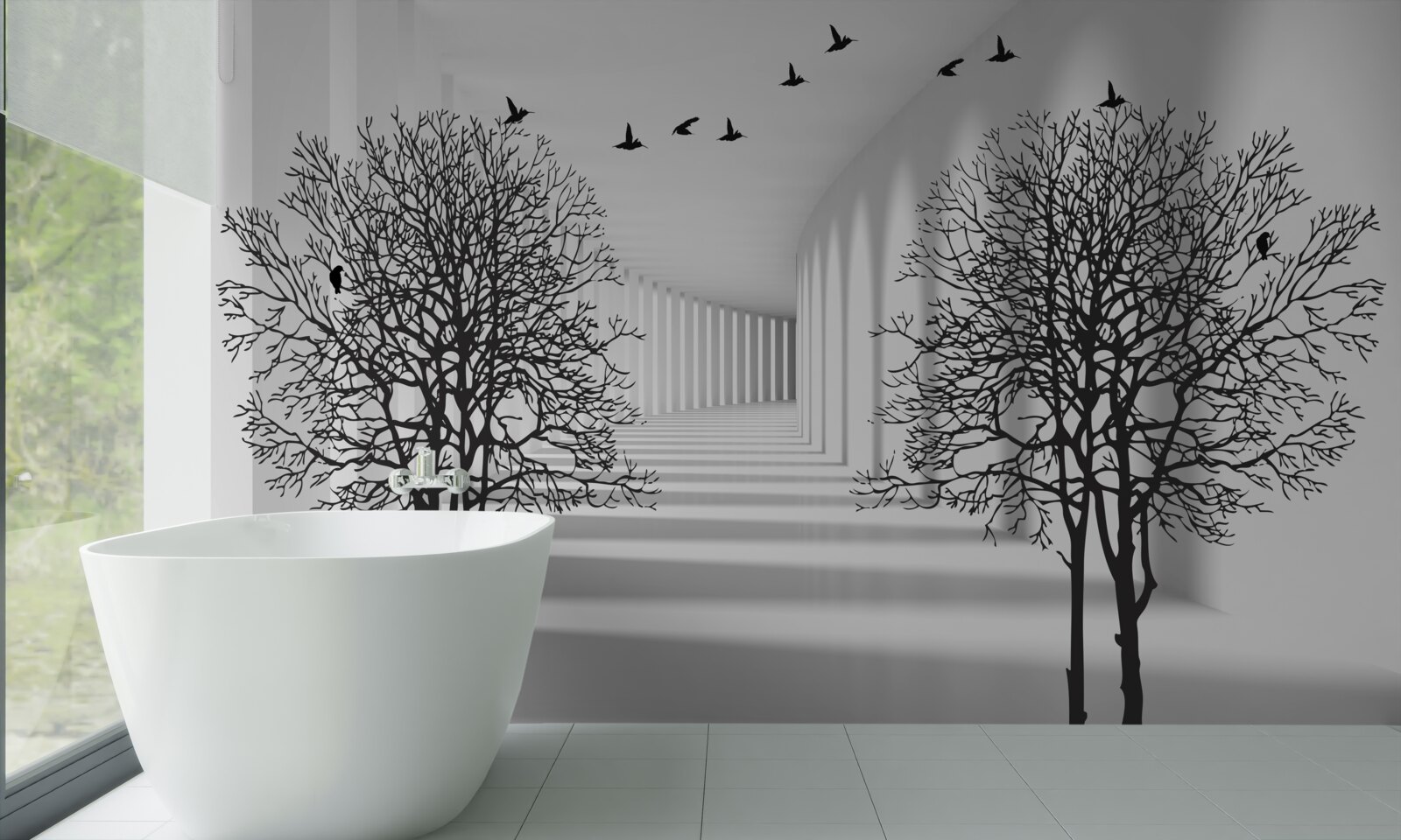 Fototapeta ptaki latające na południe i nagie drzewa jesienią