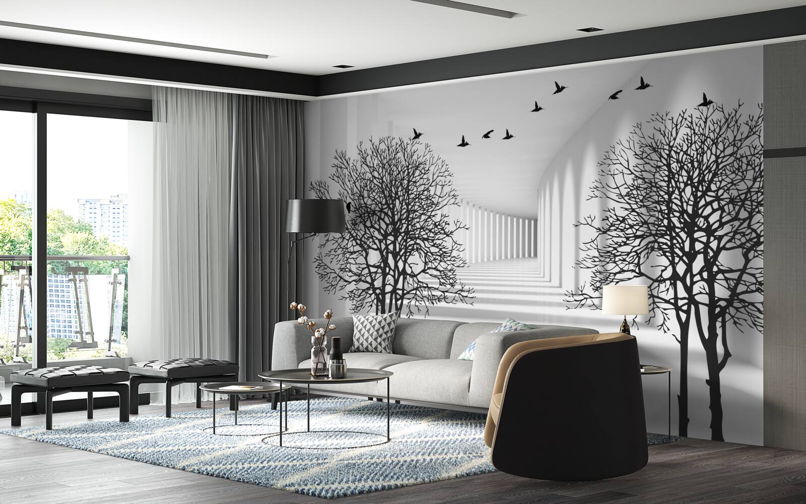 Fototapeta ptaki latające na południe i nagie drzewa jesienią