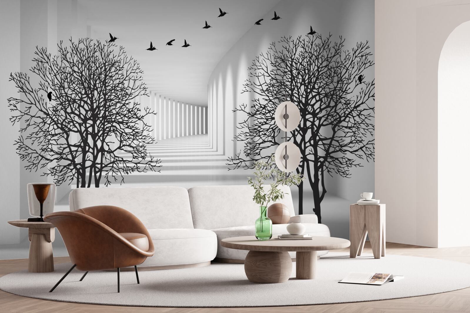 Fototapeta ptaki latające na południe i nagie drzewa jesienią