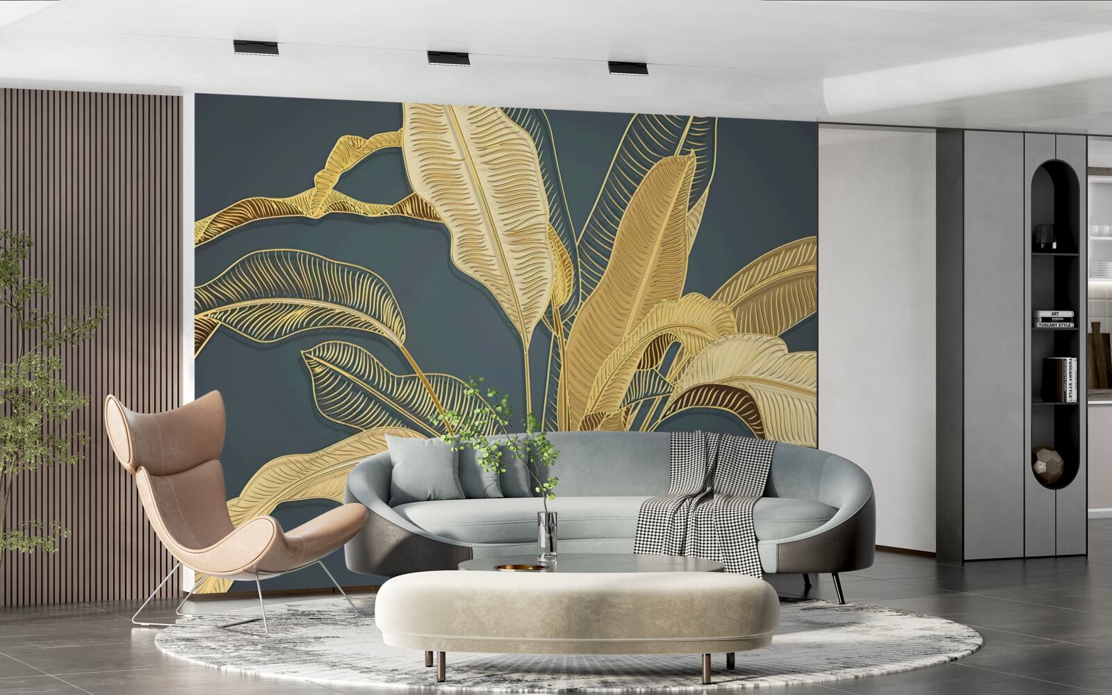 Fototapeta liście piór wykonane z brązu w kompozycji kwiatowej