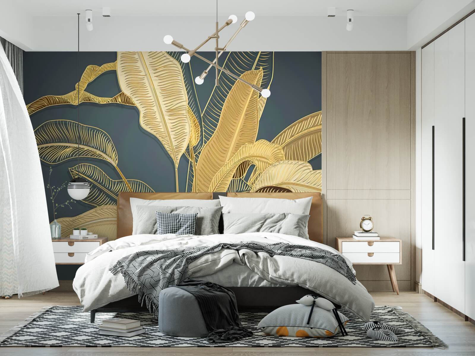 Fototapeta liście piór wykonane z brązu w kompozycji kwiatowej