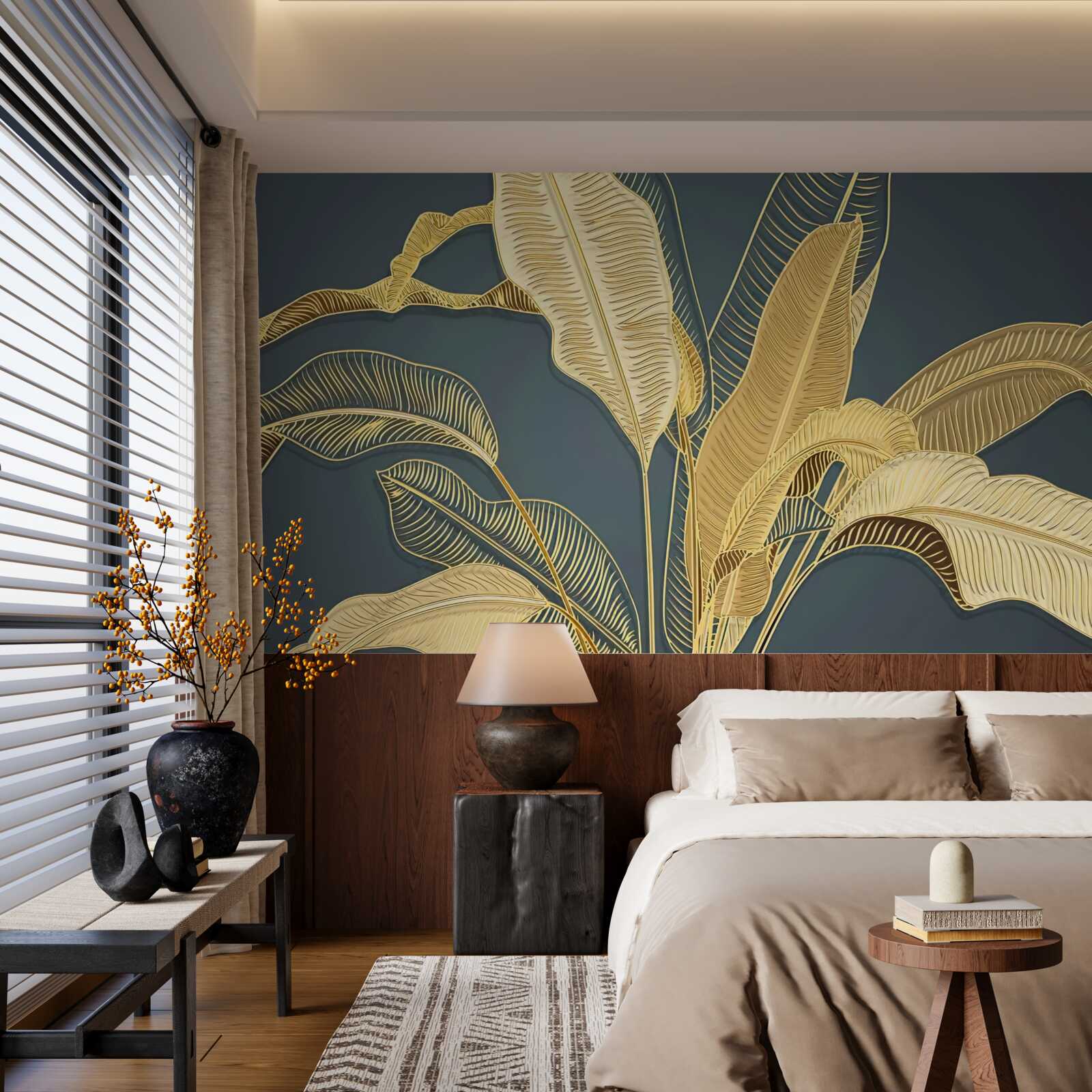 Fototapeta liście piór wykonane z brązu w kompozycji kwiatowej