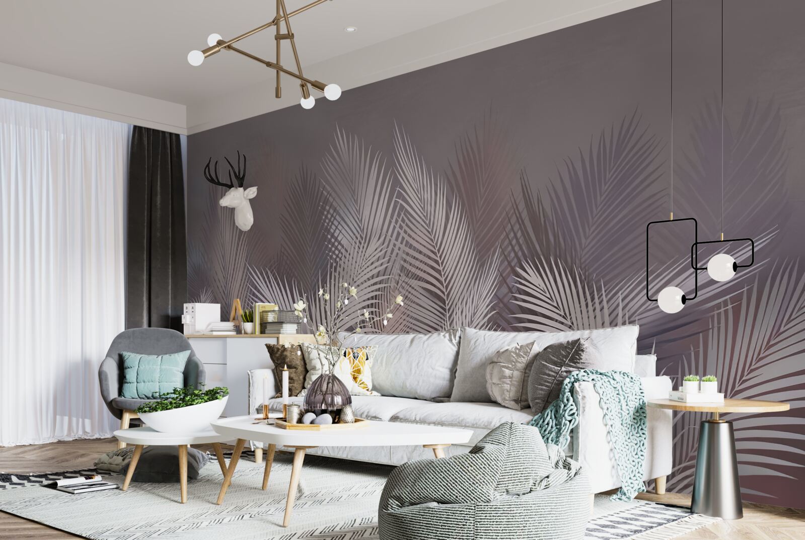 Fototapeta mgliste tło nadaje białym tropikalnym liściom wyjątkową atmosferę