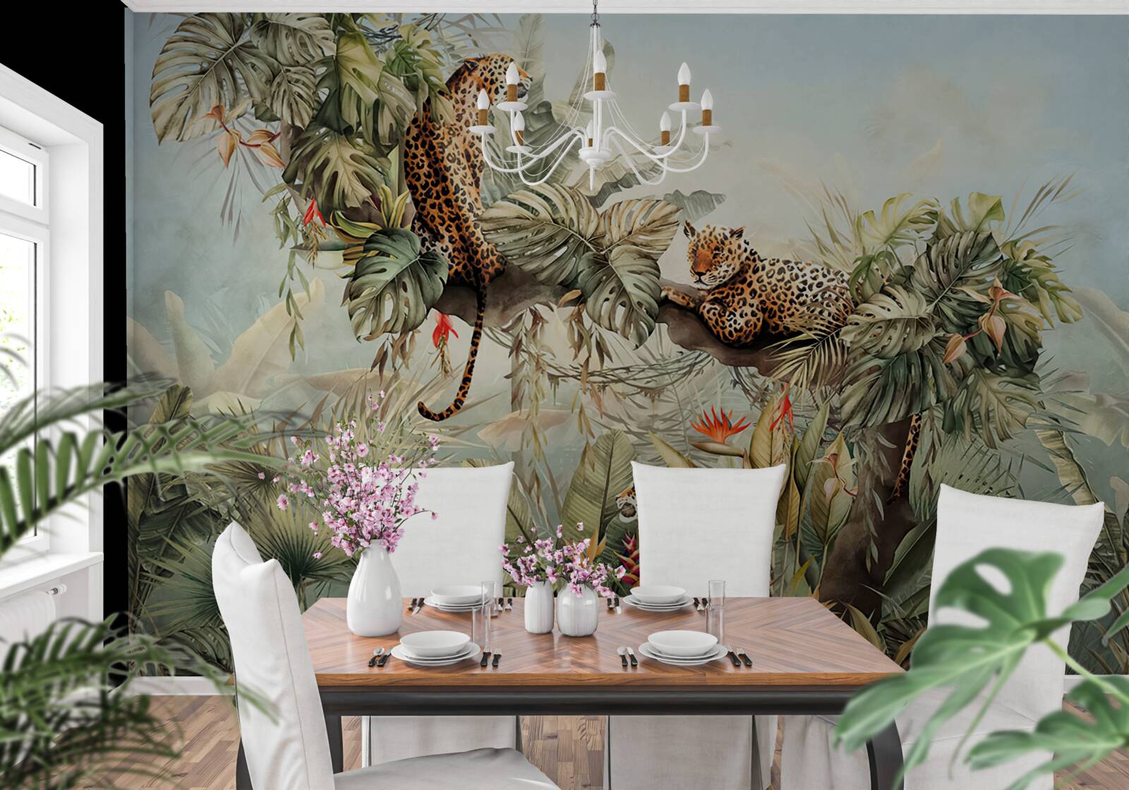 Fototapeta o świcie lamparty chronią się na drzewie