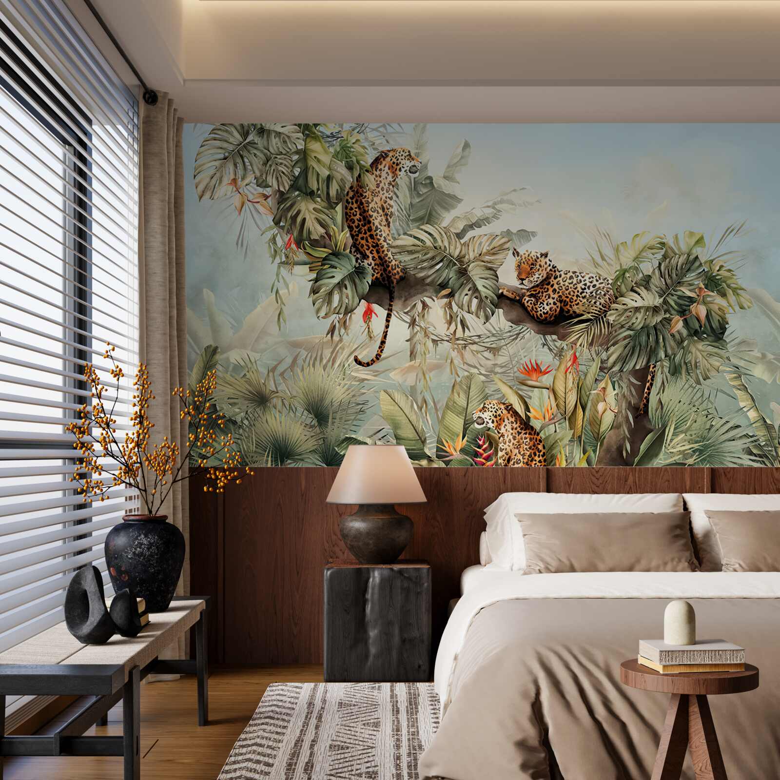 Fototapeta o świcie lamparty chronią się na drzewie