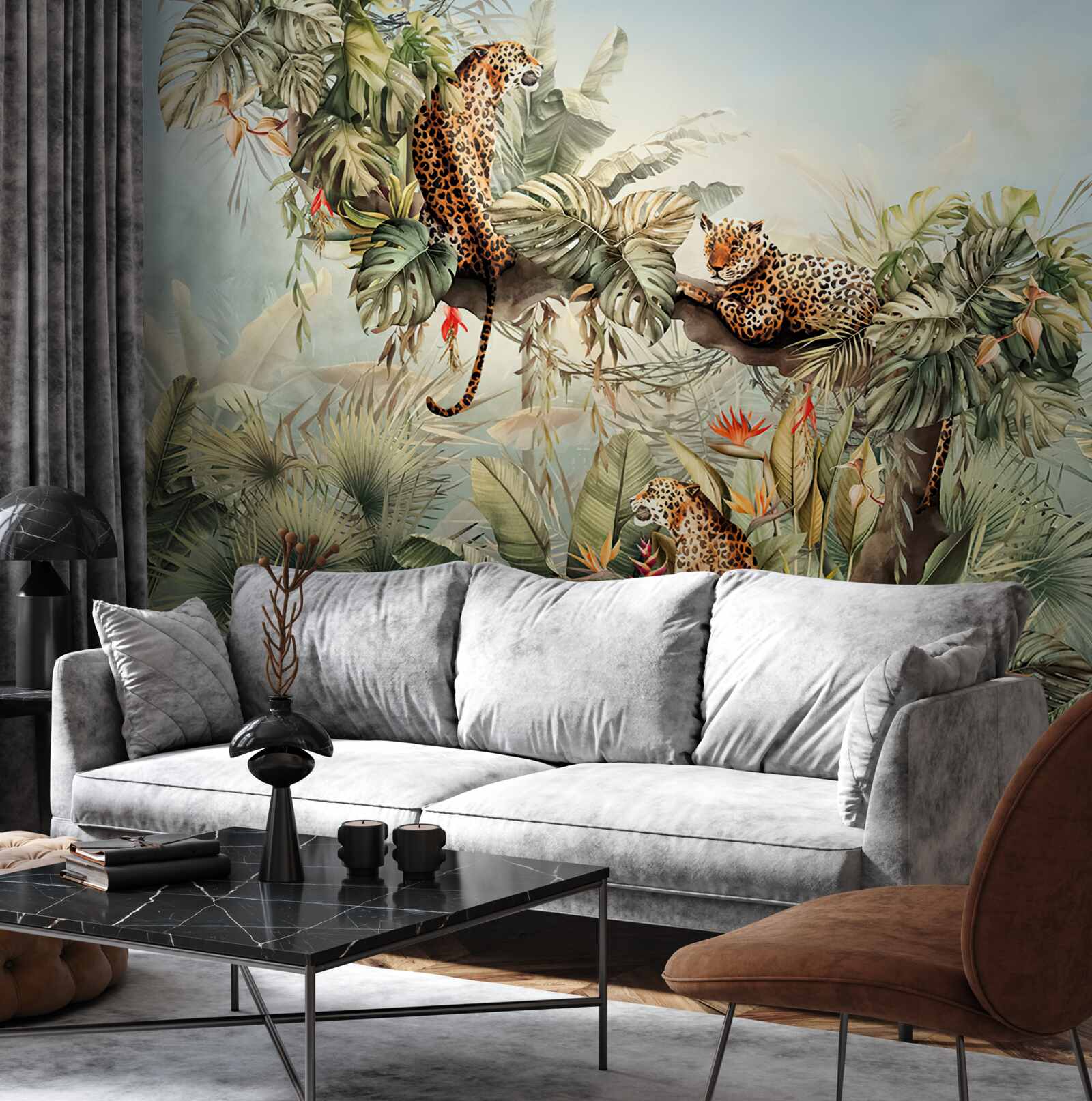 Fototapeta o świcie lamparty chronią się na drzewie