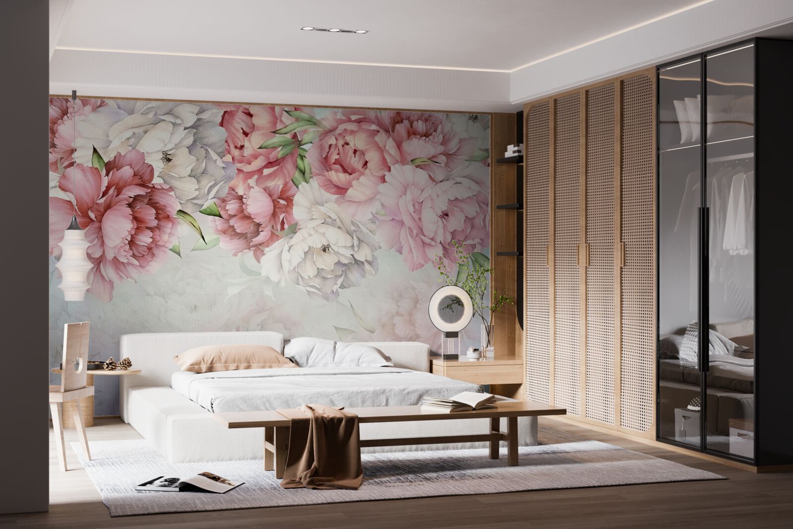 Fototapeta jasne tło ozdobione jest delikatnymi kwiatami w różowej tonacji