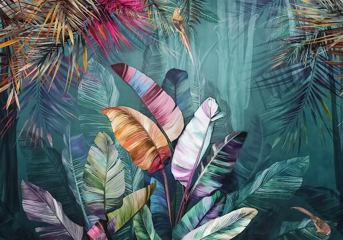 Fototapeta zachwycający zestaw liści drzew tropikalnych pomalowanych w jesienne odcienie