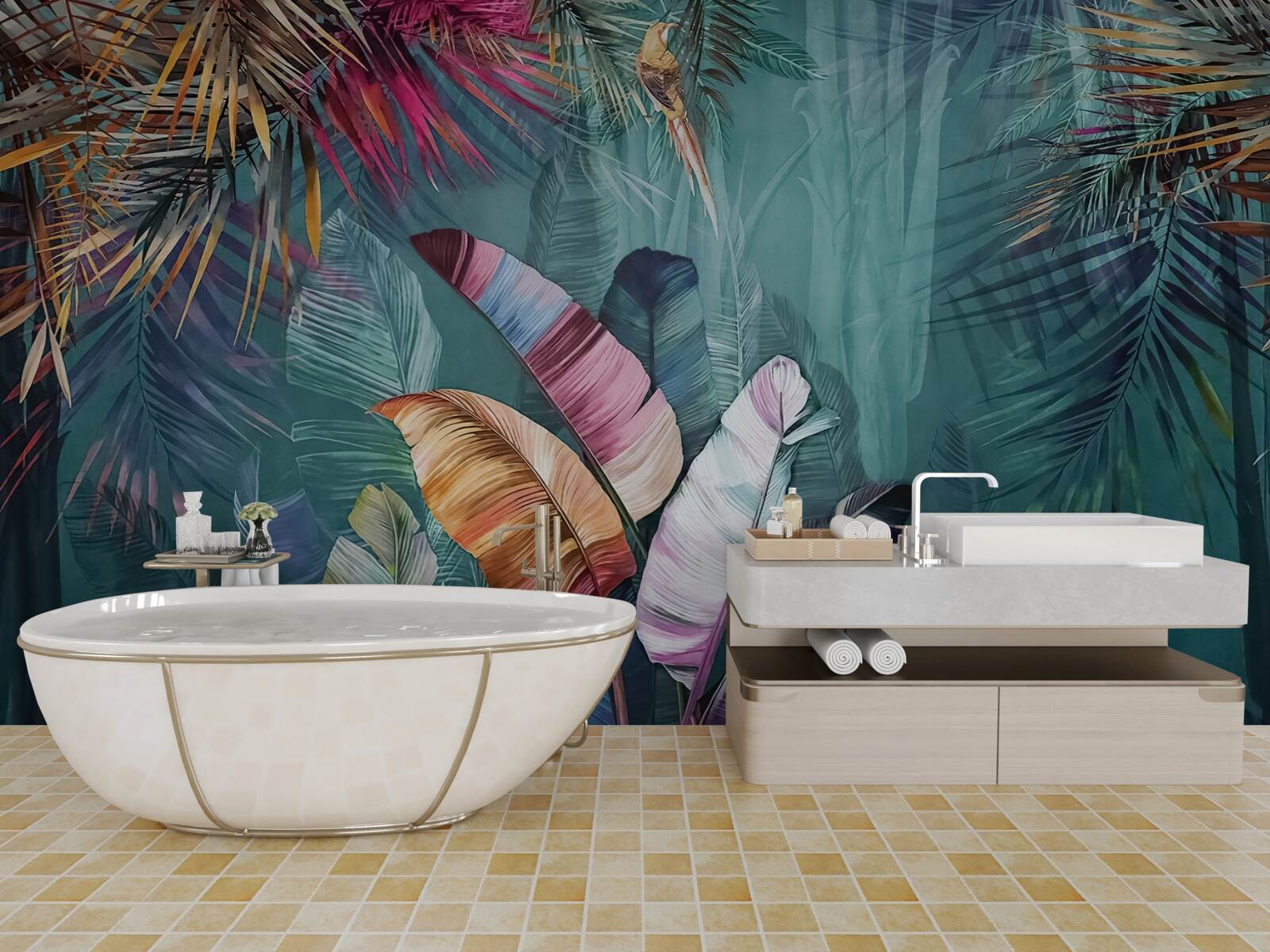 Fototapeta zachwycający zestaw liści drzew tropikalnych pomalowanych w jesienne odcienie