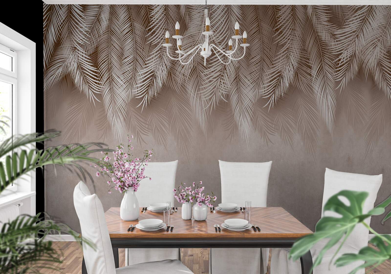 Fototapeta różowe tło ozdobione jest białymi liśćmi palmowymi