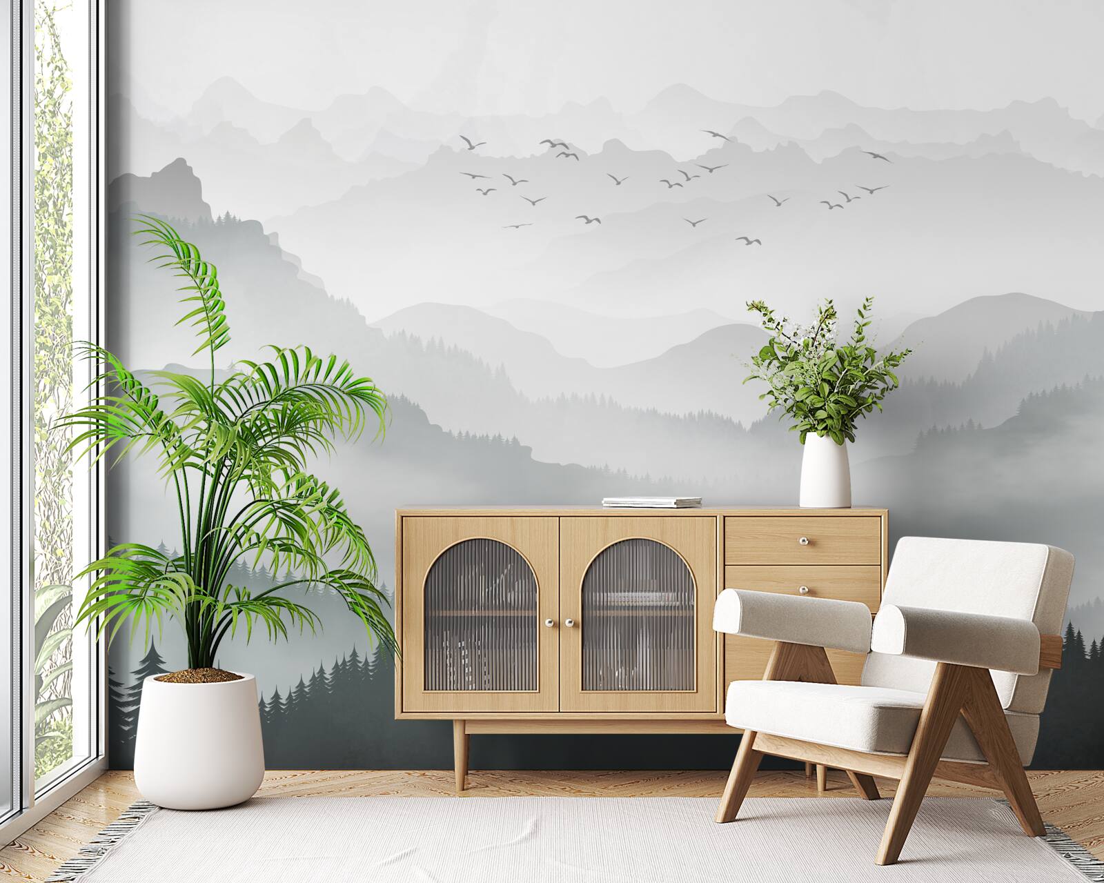 Fototapeta mgła gęsto spowija skaliste szczyty