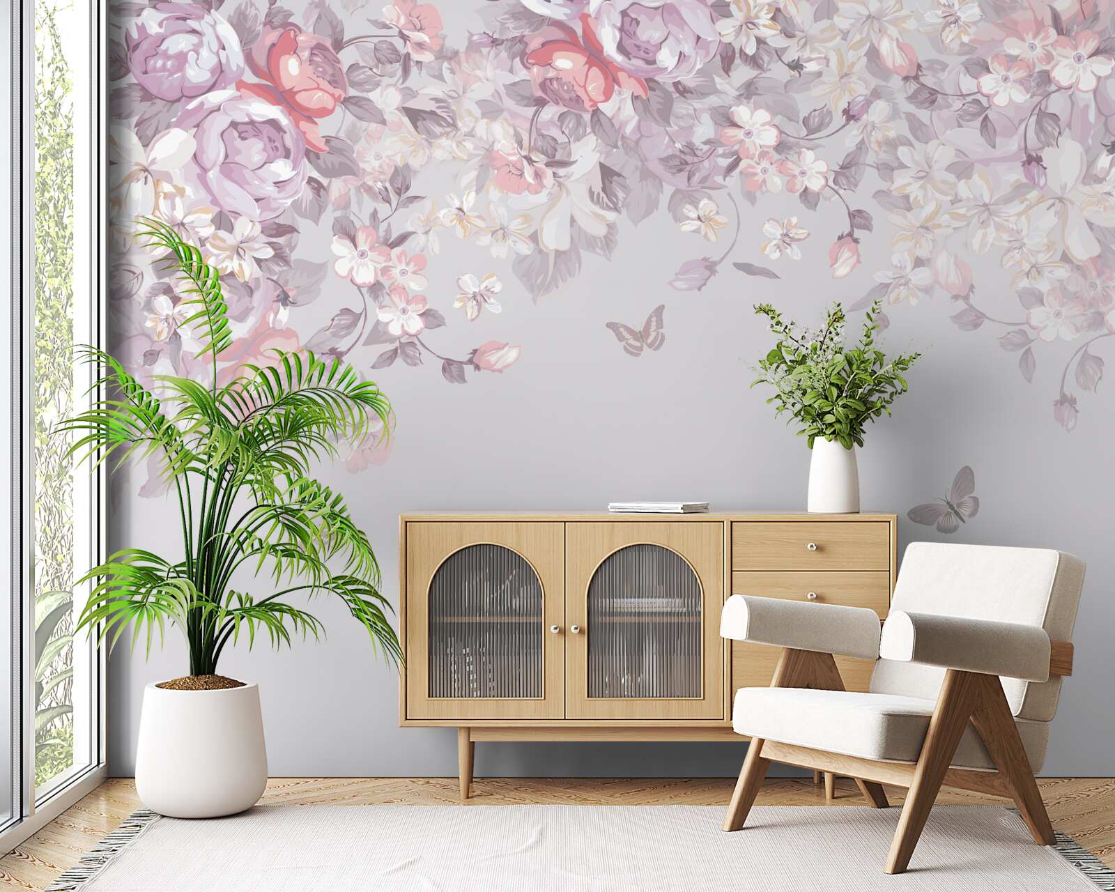 Fototapeta ogród, w którym kwitną kwiaty i motyle