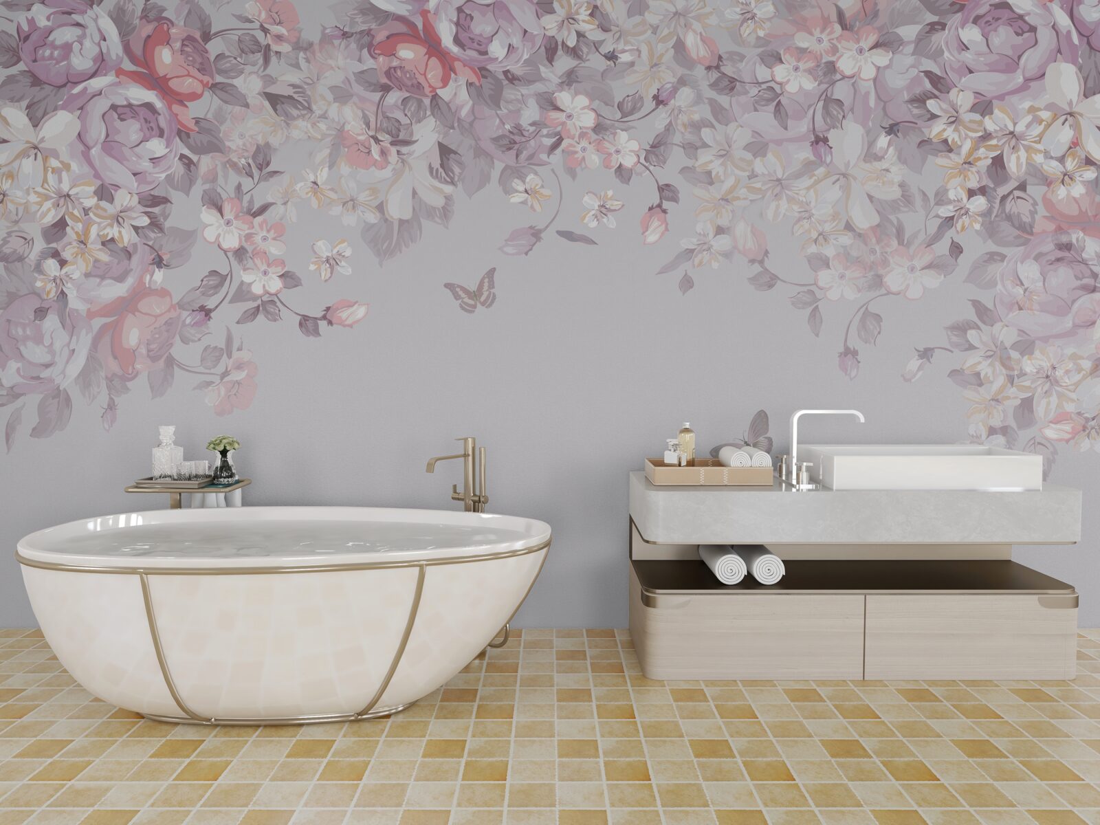 Fototapeta ogród, w którym kwitną kwiaty i motyle