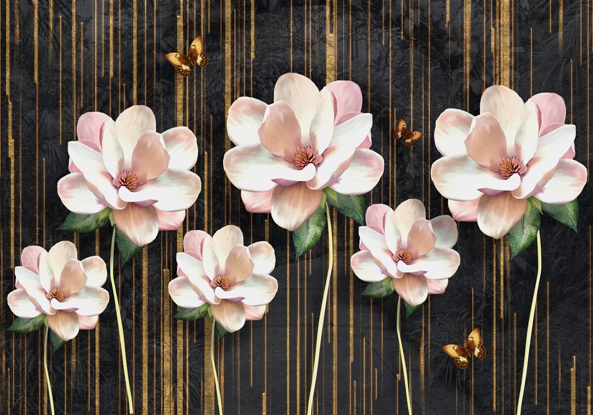 Fototapeta motyle i kwiaty na czarnym złotym tle