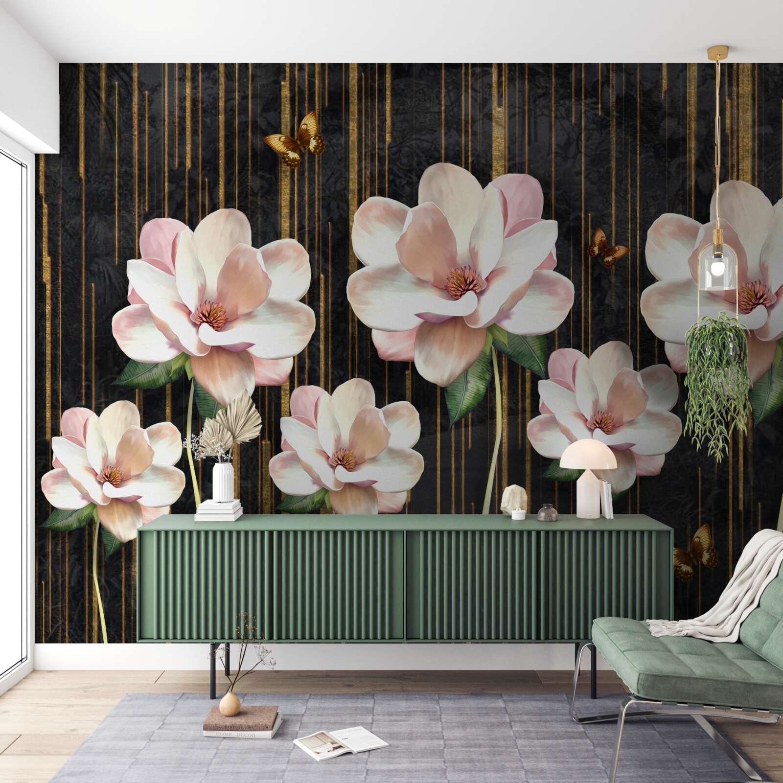 Fototapeta motyle i kwiaty na czarnym złotym tle