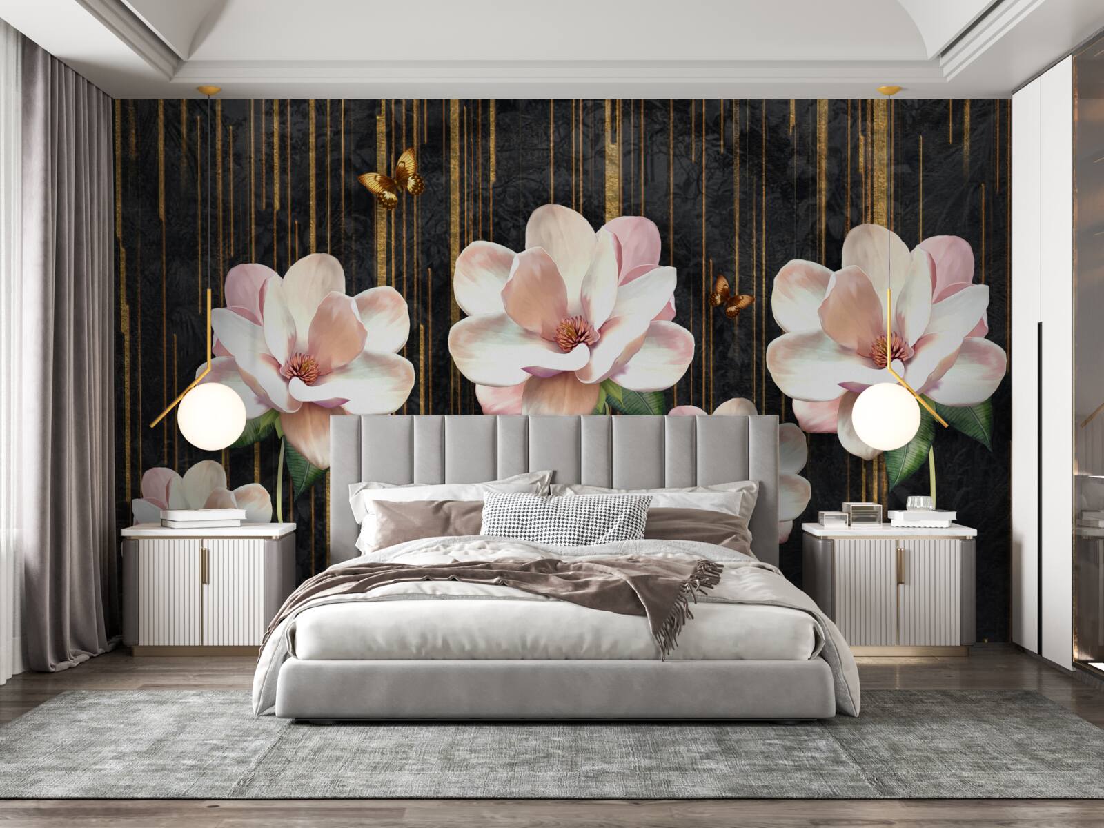 Fototapeta motyle i kwiaty na czarnym złotym tle