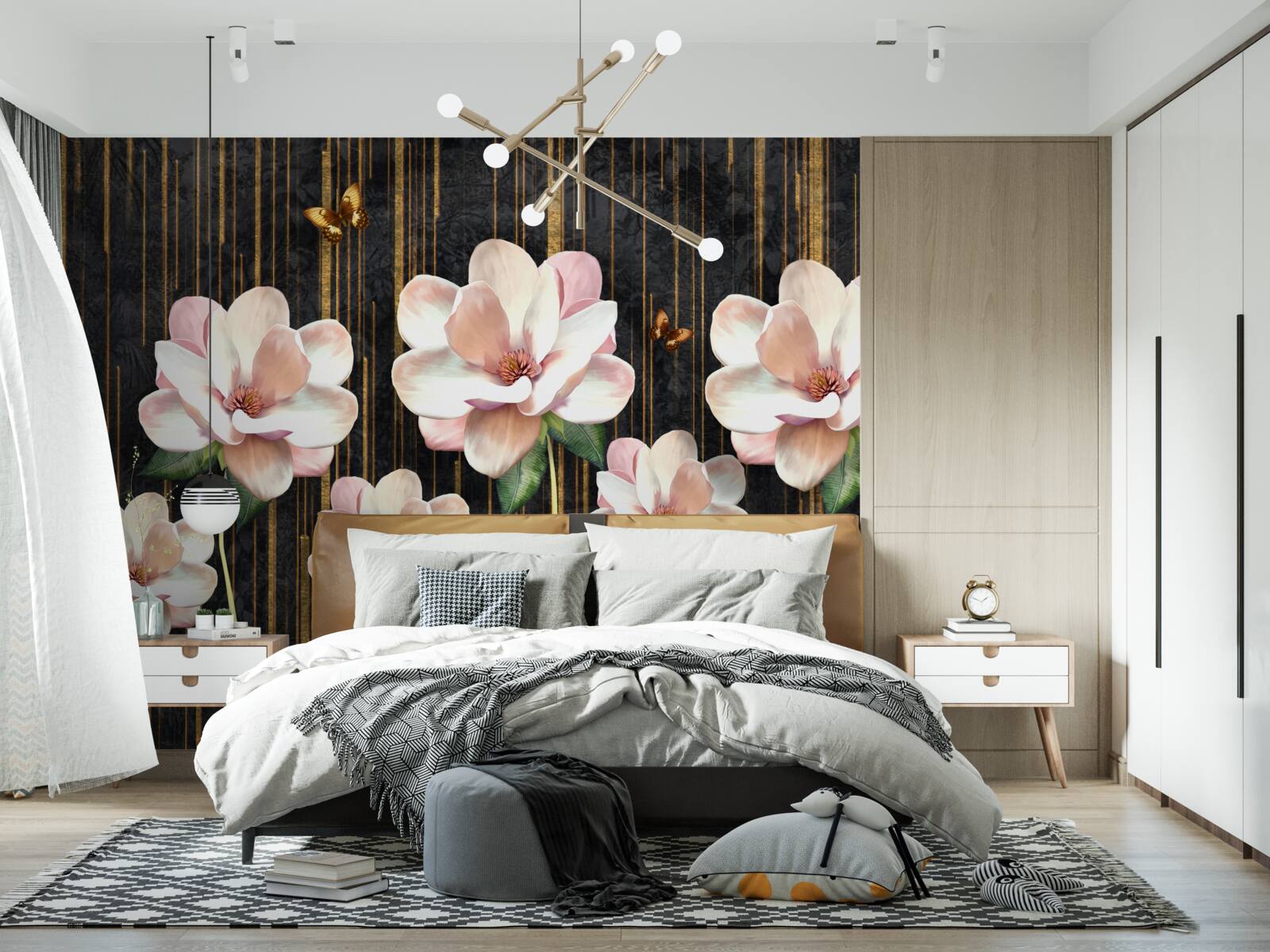 Fototapeta motyle i kwiaty na czarnym złotym tle