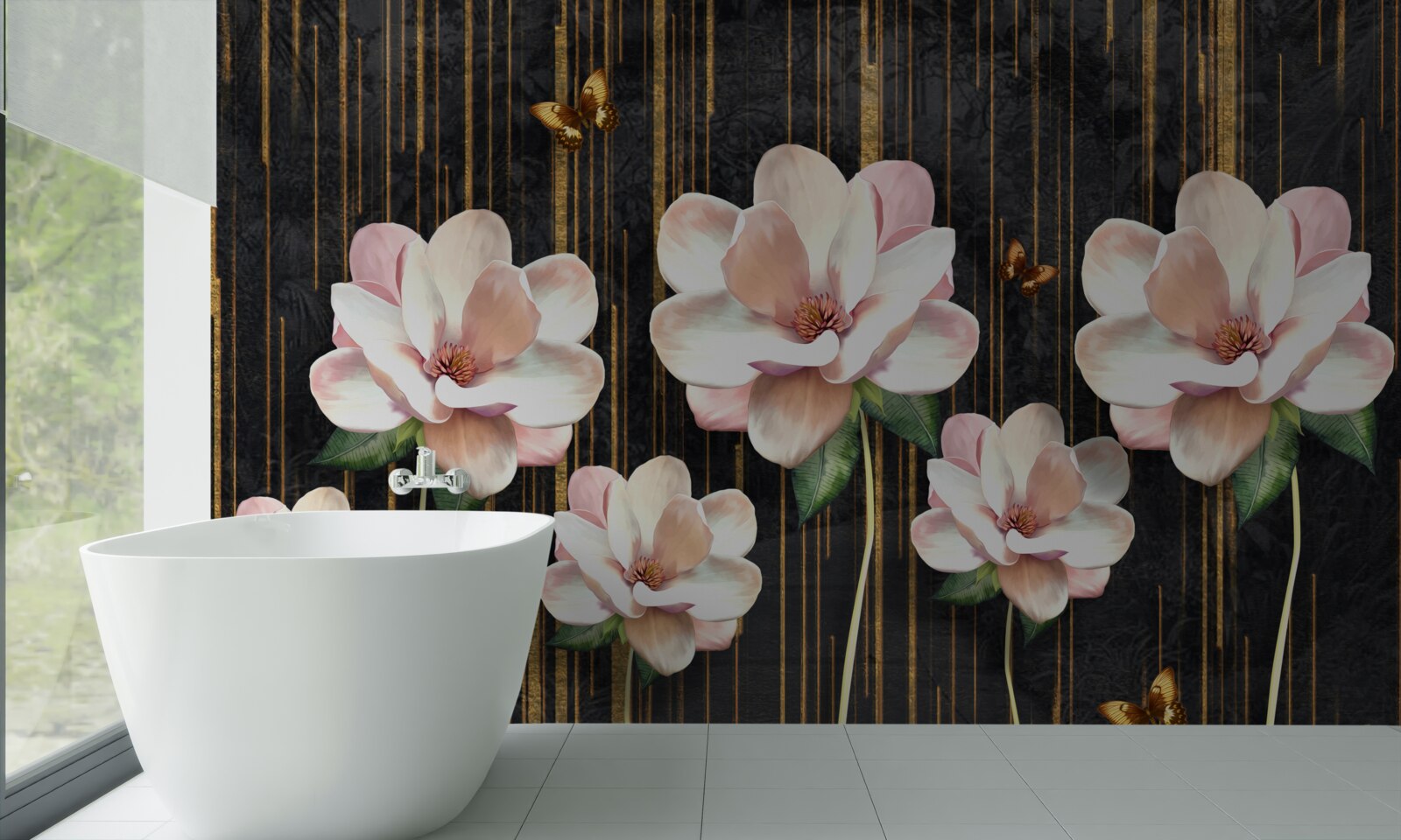 Fototapeta motyle i kwiaty na czarnym złotym tle