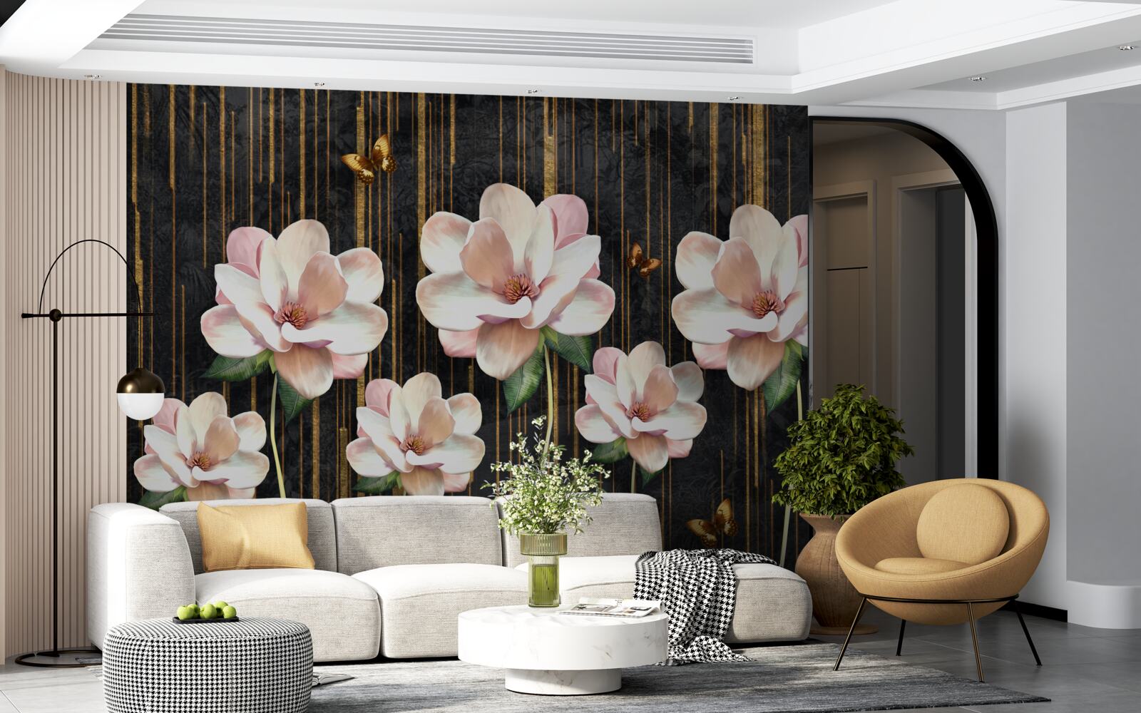 Fototapeta motyle i kwiaty na czarnym złotym tle