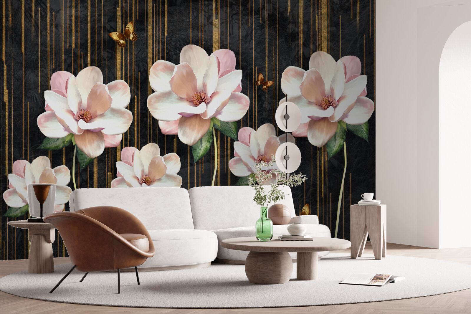 Fototapeta motyle i kwiaty na czarnym złotym tle