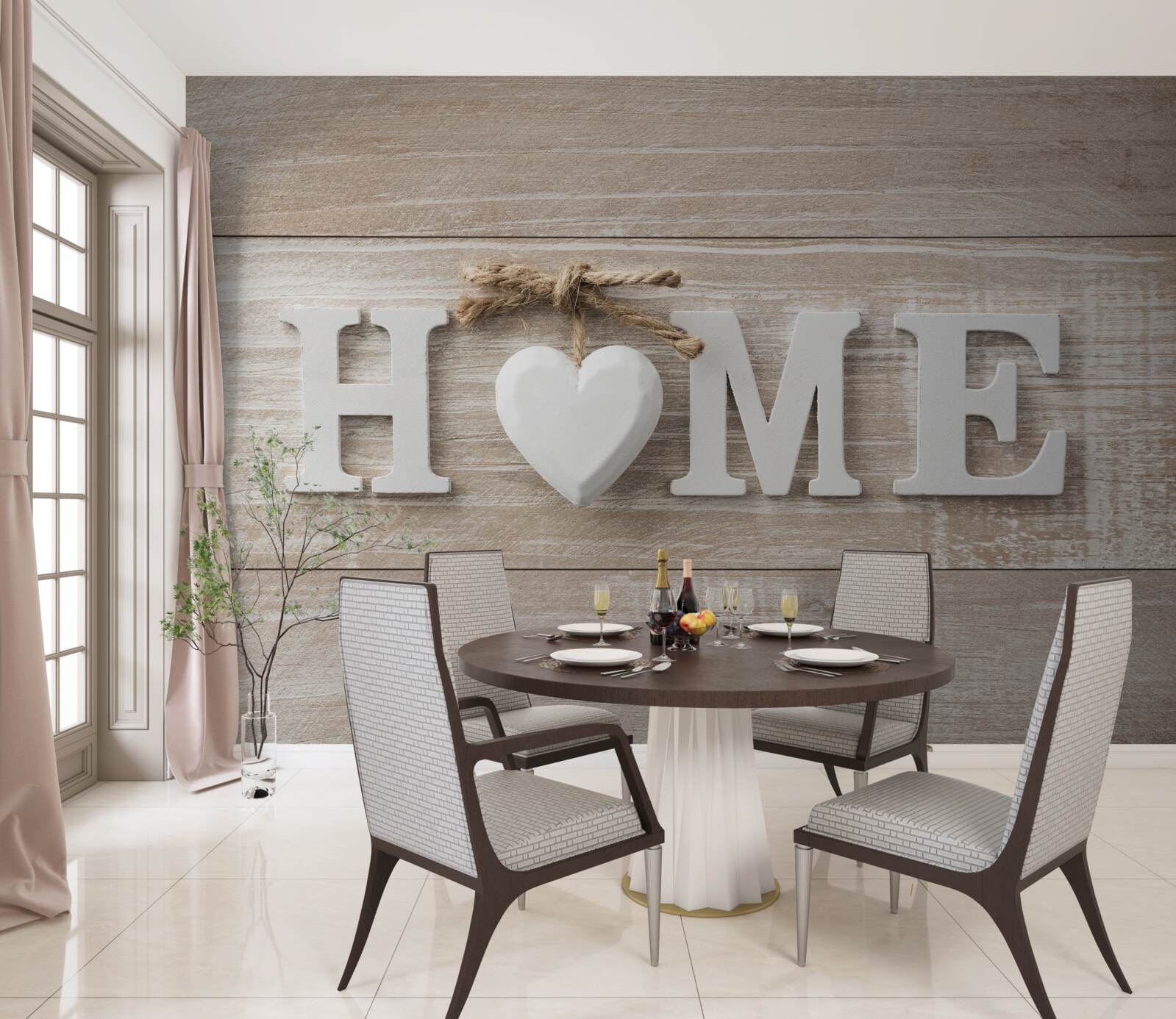 Fototapeta tekst „home” na tle drzew