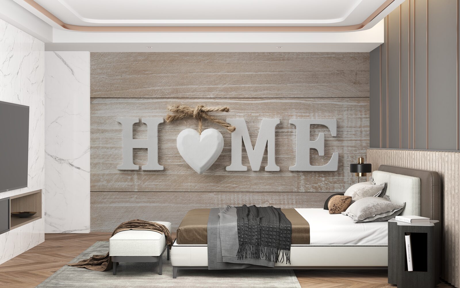 Fototapeta tekst „home” na tle drzew