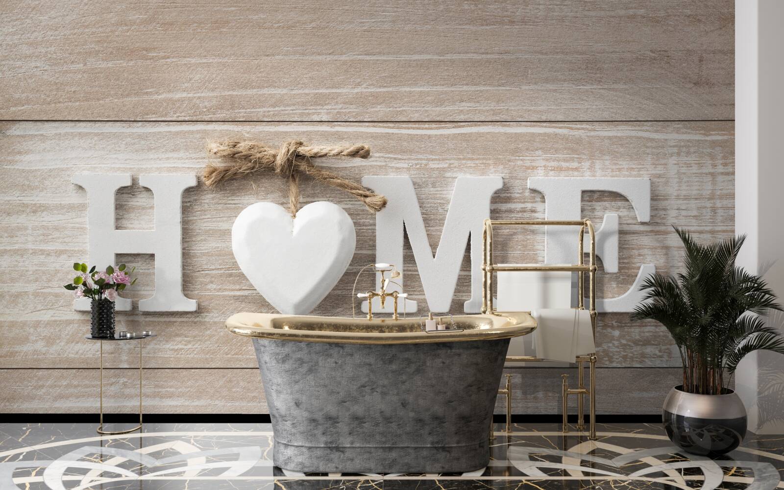 Fototapeta tekst „home” na tle drzew