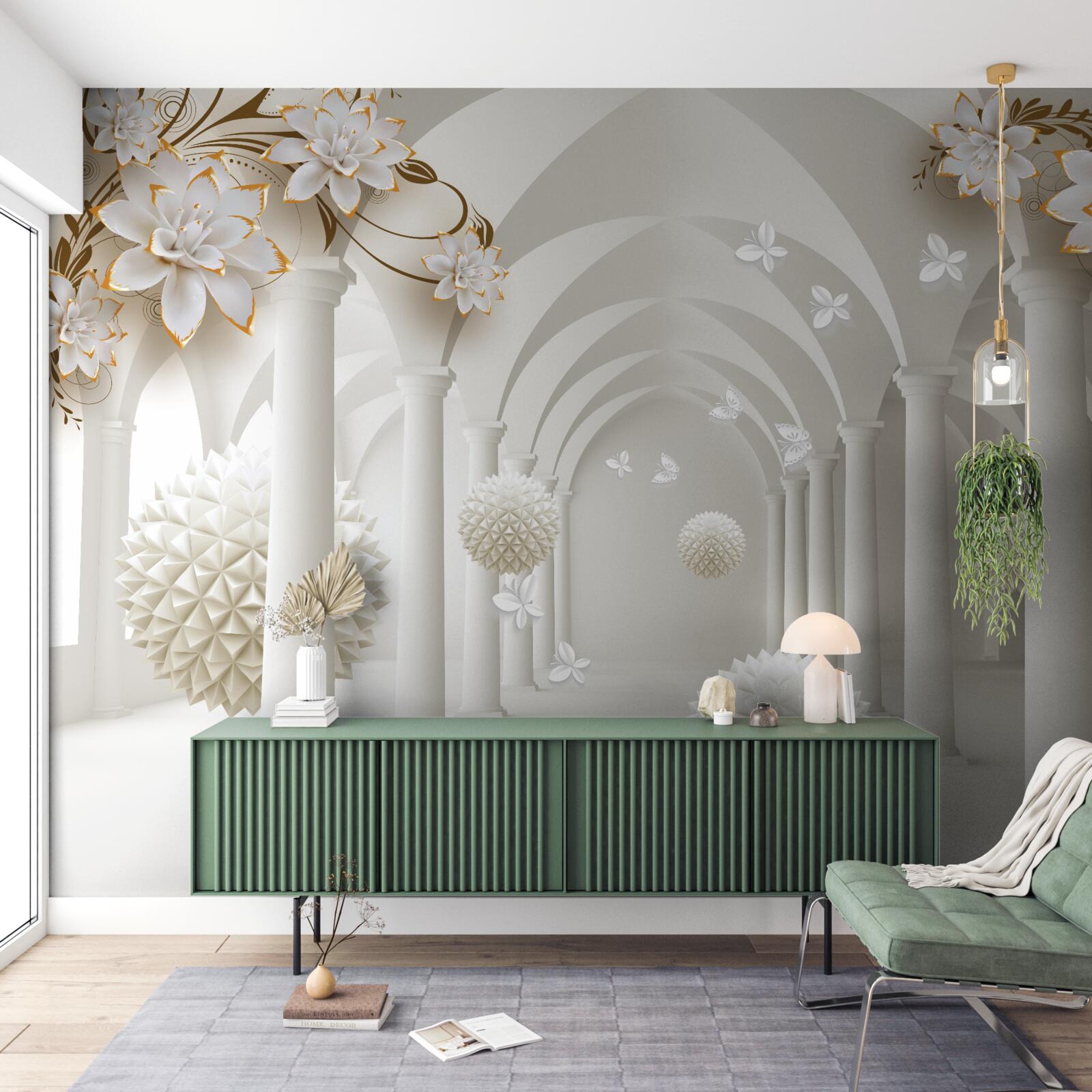 Fototapeta korytarz w stylu gotyckim ozdobiony pływającymi kulkami i kwiatami