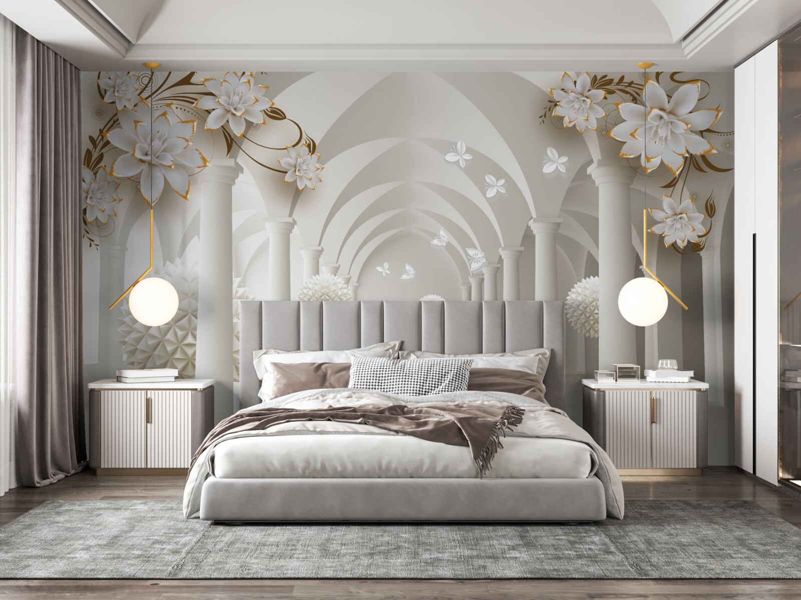 Fototapeta korytarz w stylu gotyckim ozdobiony pływającymi kulkami i kwiatami