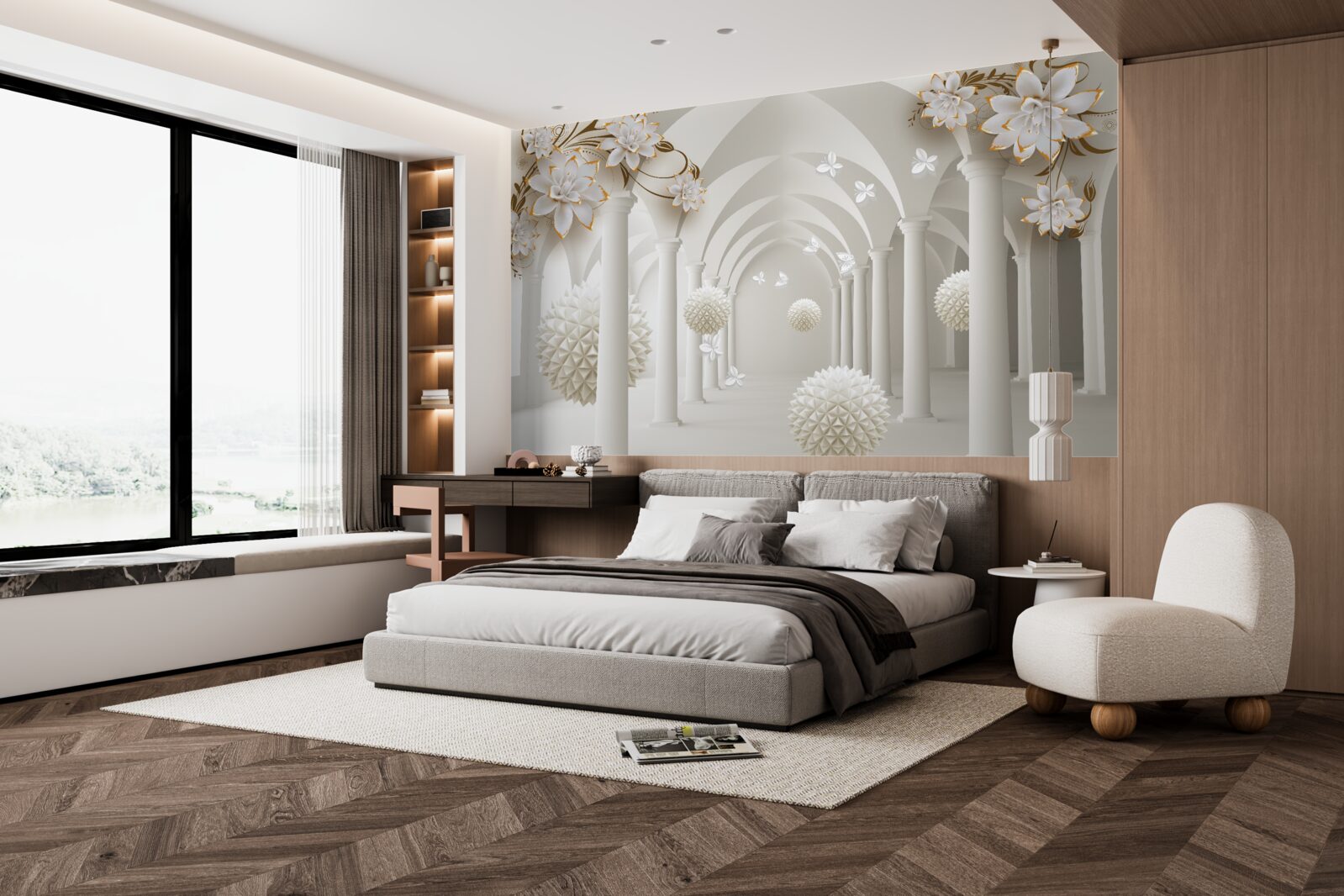 Fototapeta korytarz w stylu gotyckim ozdobiony pływającymi kulkami i kwiatami